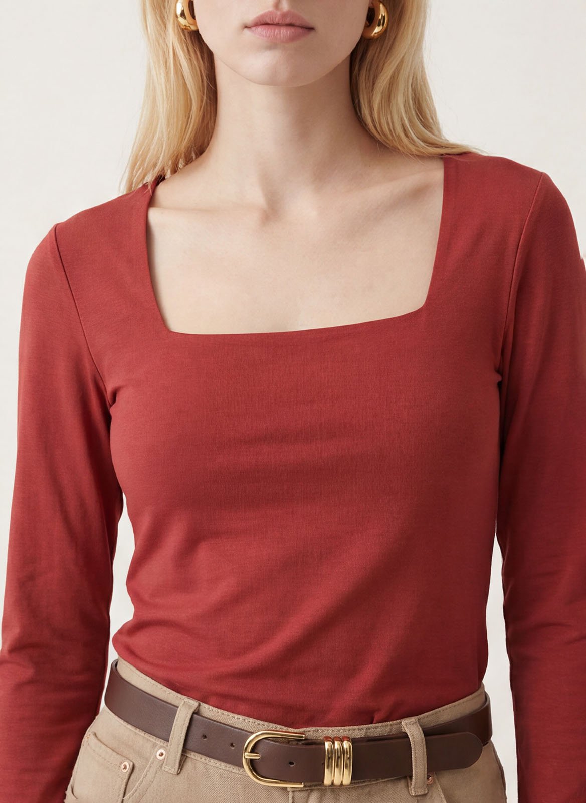 Top droit col carré en coton mélangé | Marron KOOKAI Femme