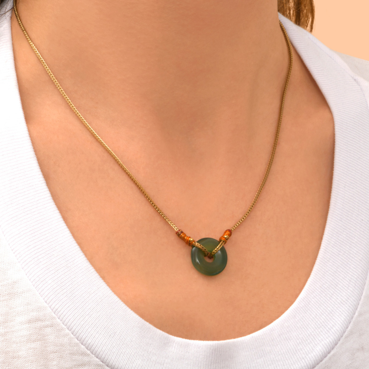 Adjustable pendant necklace Babylon agate and silk threads SATELLITE PARIS Green