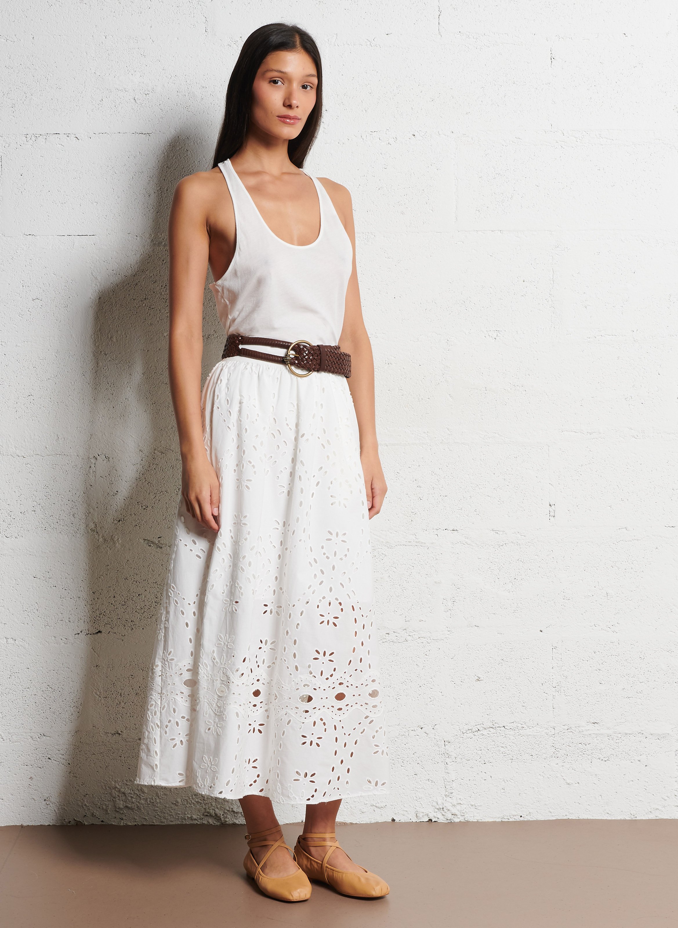 Jupe midi en coton brodé BA&SH Beige