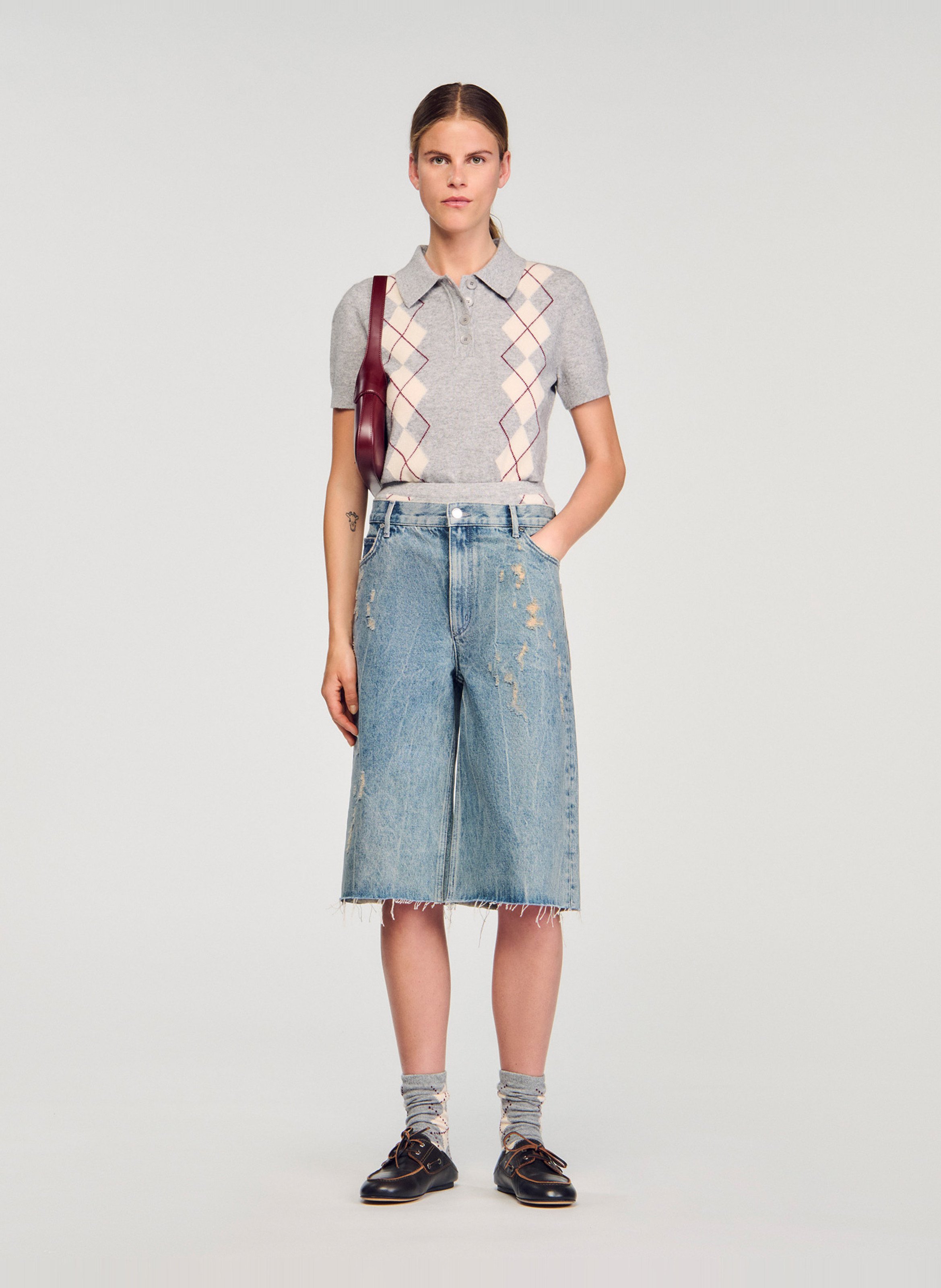 Pull droit col polo en laine et cachemire SANDRO Gris