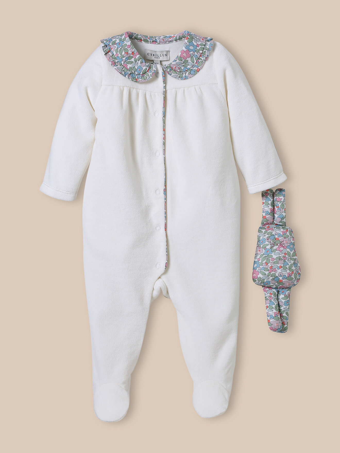 Velvet and Liberty fabric sleepsuit + cuddly toy CYRILLUS Beige