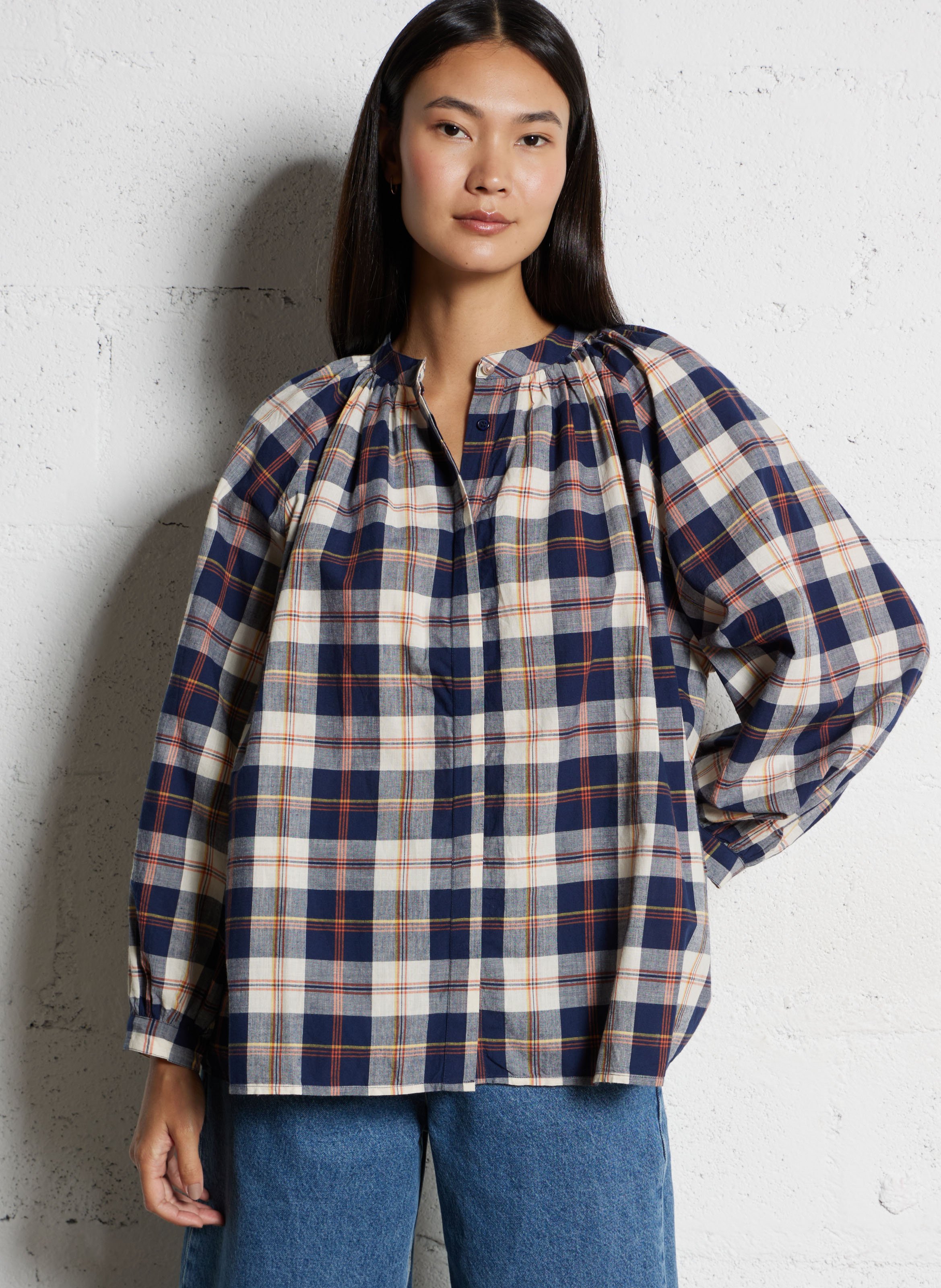 Round-neck checked blouse BELLEPIECE Blue