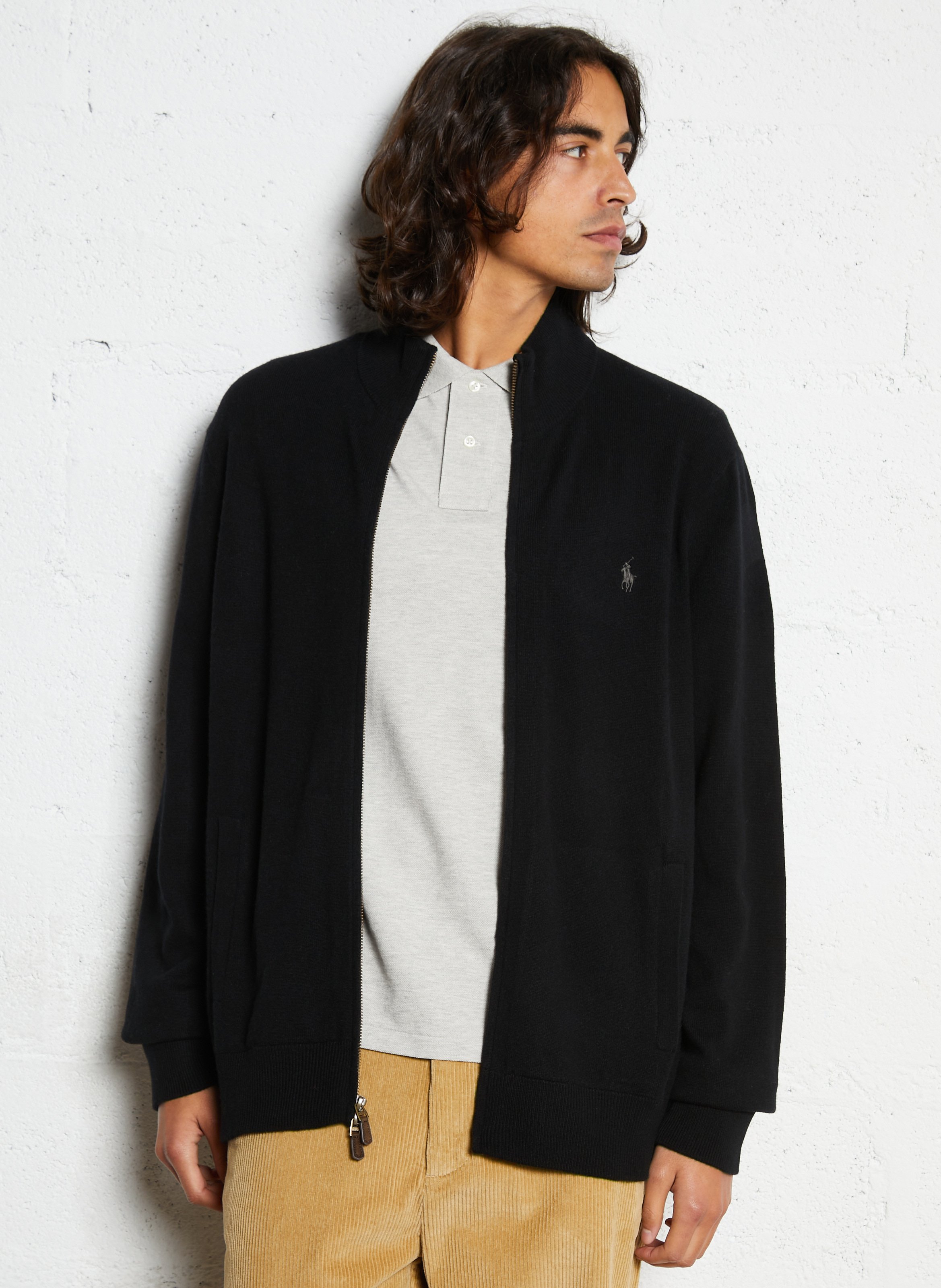 Gilet zippé à broderie logo en laine POLO RALPH LAUREN Noir