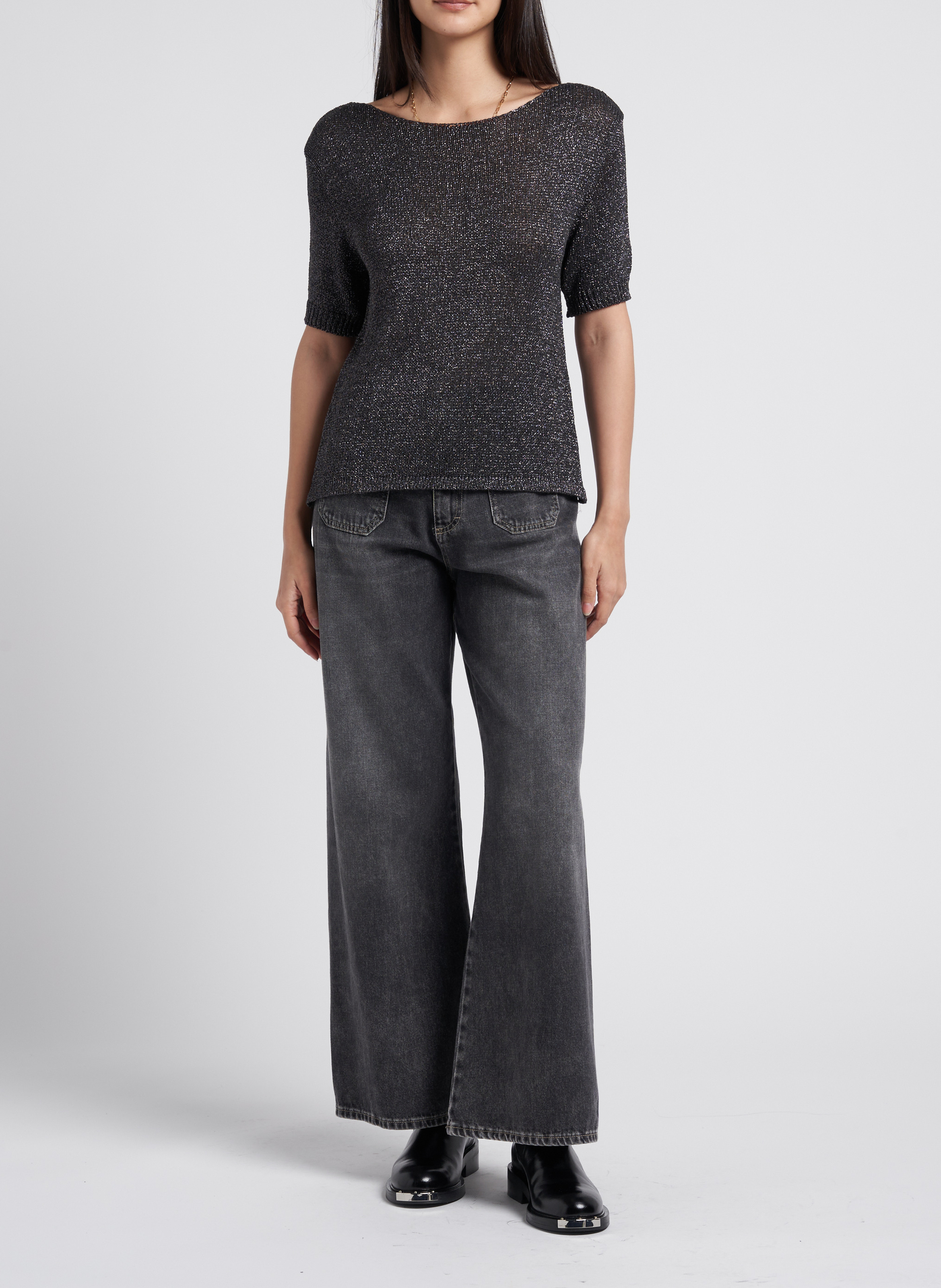 Pull col rond droit en maille PLEASE Gris