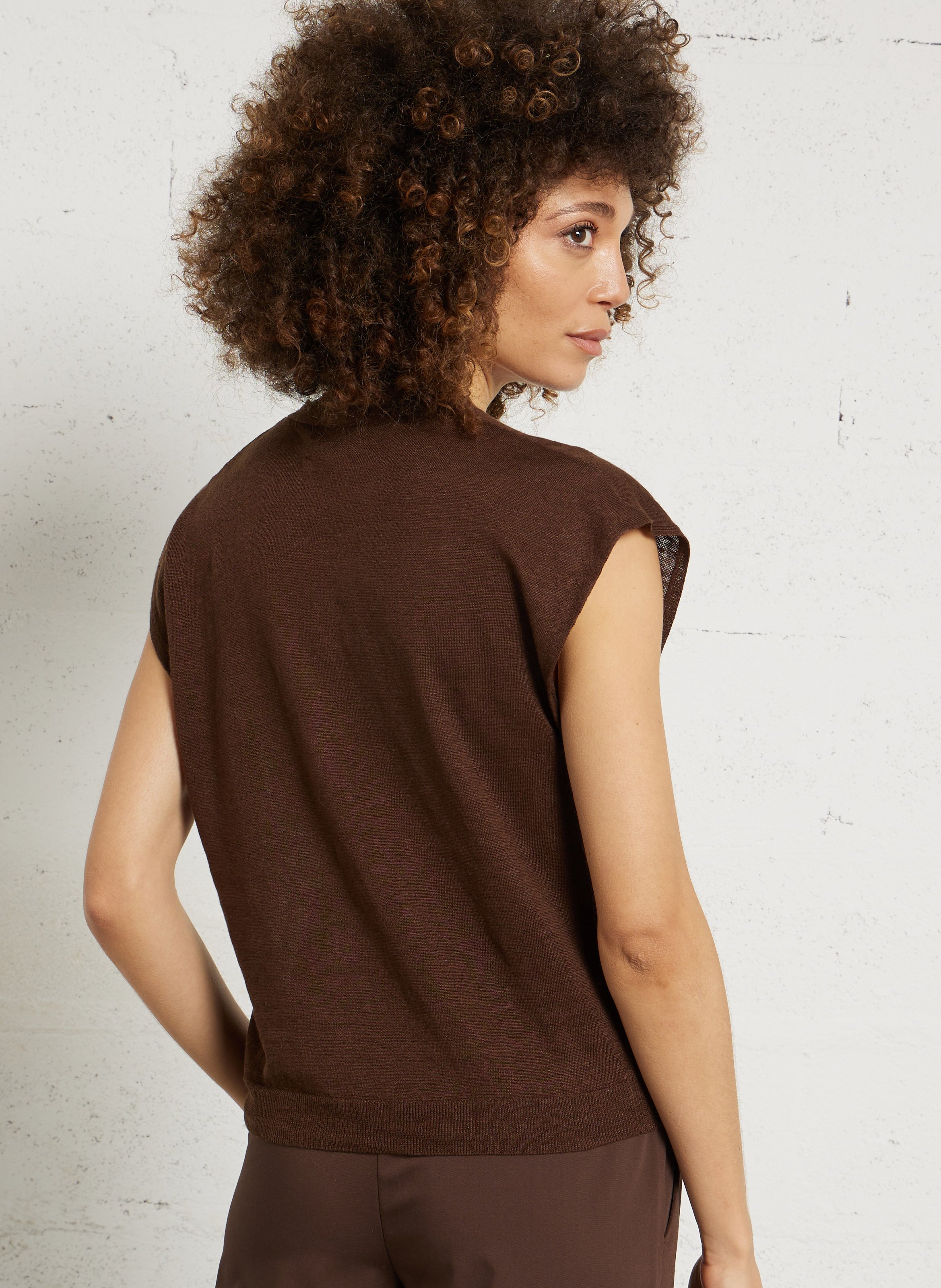 Gilet ample sans manches col V en lin HARTFORD Marron