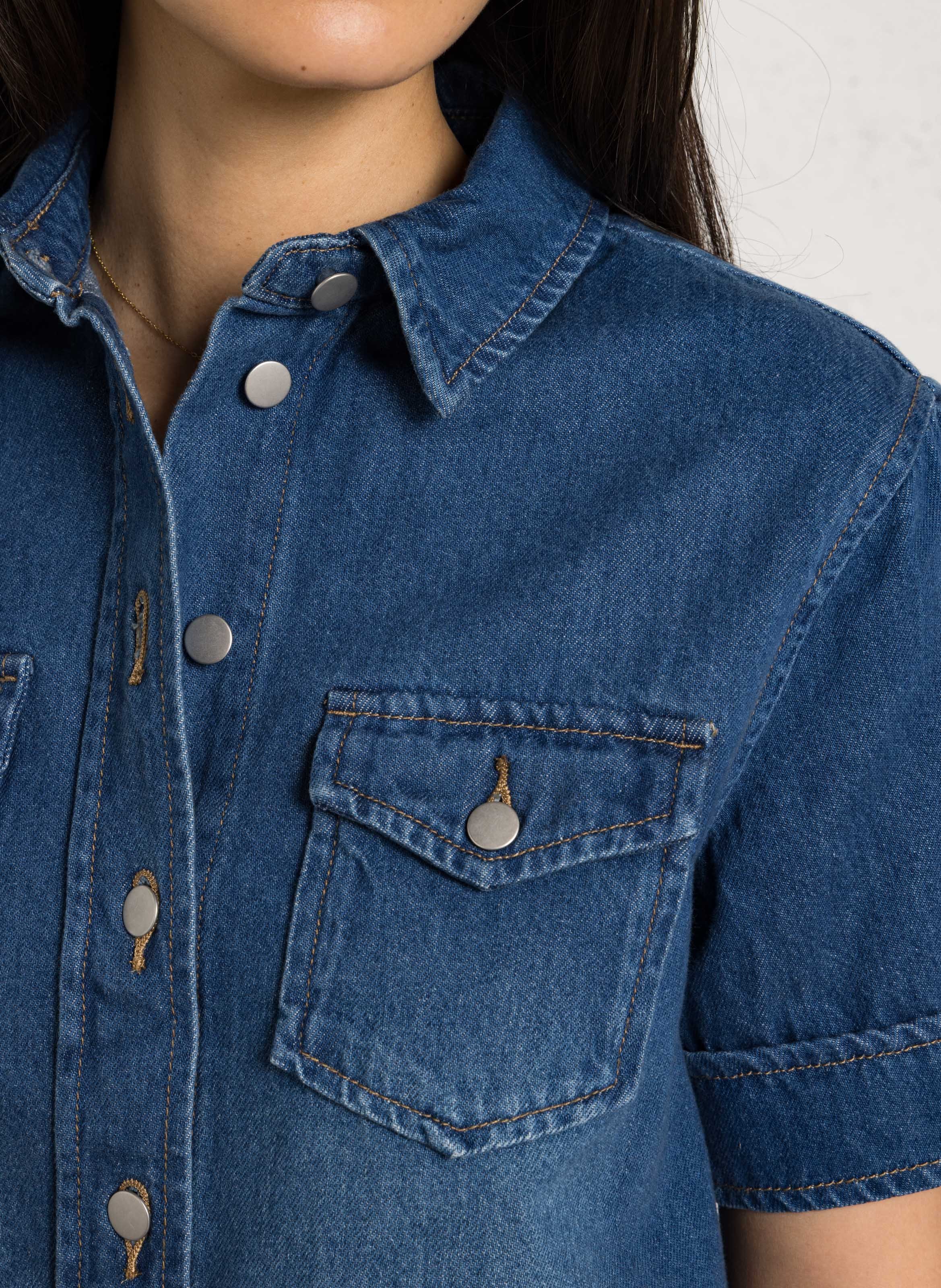 Chemise col classique en denim de coton MAISON 123 Bleu