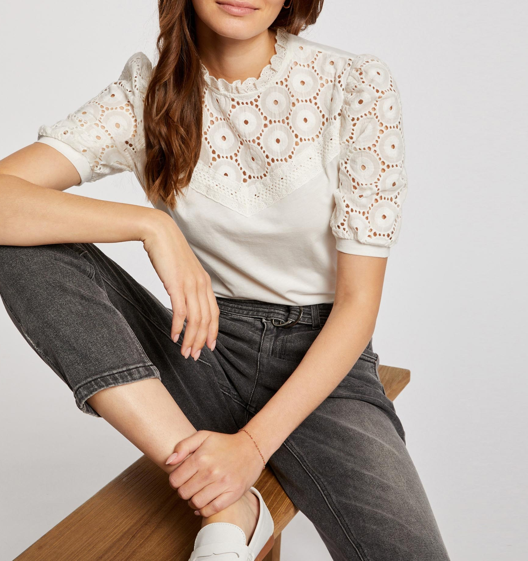 Embroidered round-neck cotton top MORGAN