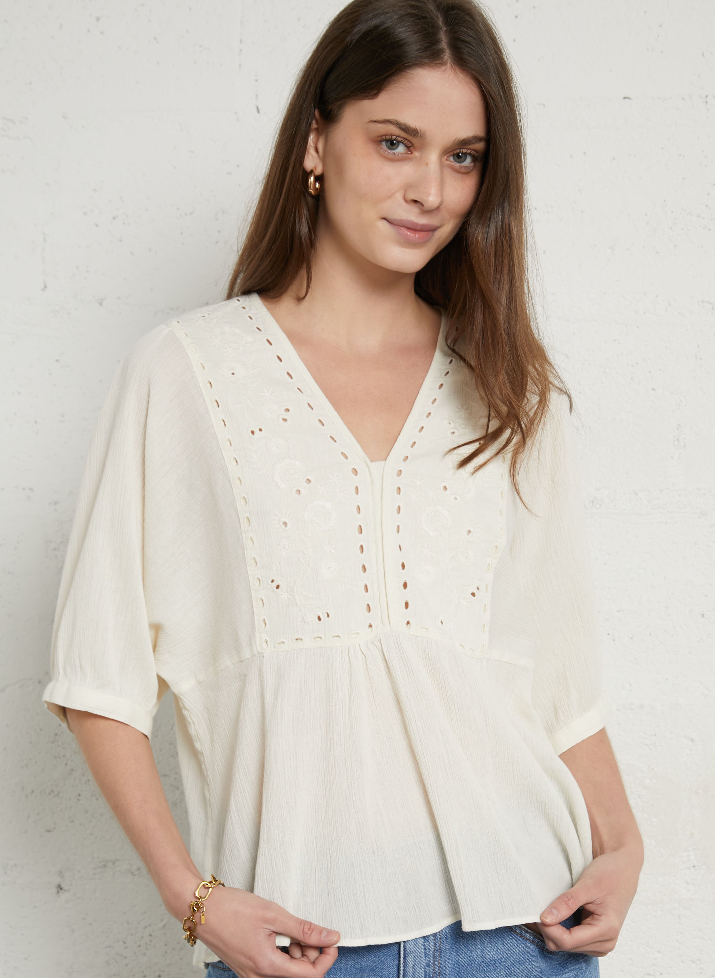 Weit geschnittenes Top mit V-Ausschnitt aus Baumwolle SUD EXPRESS Beige