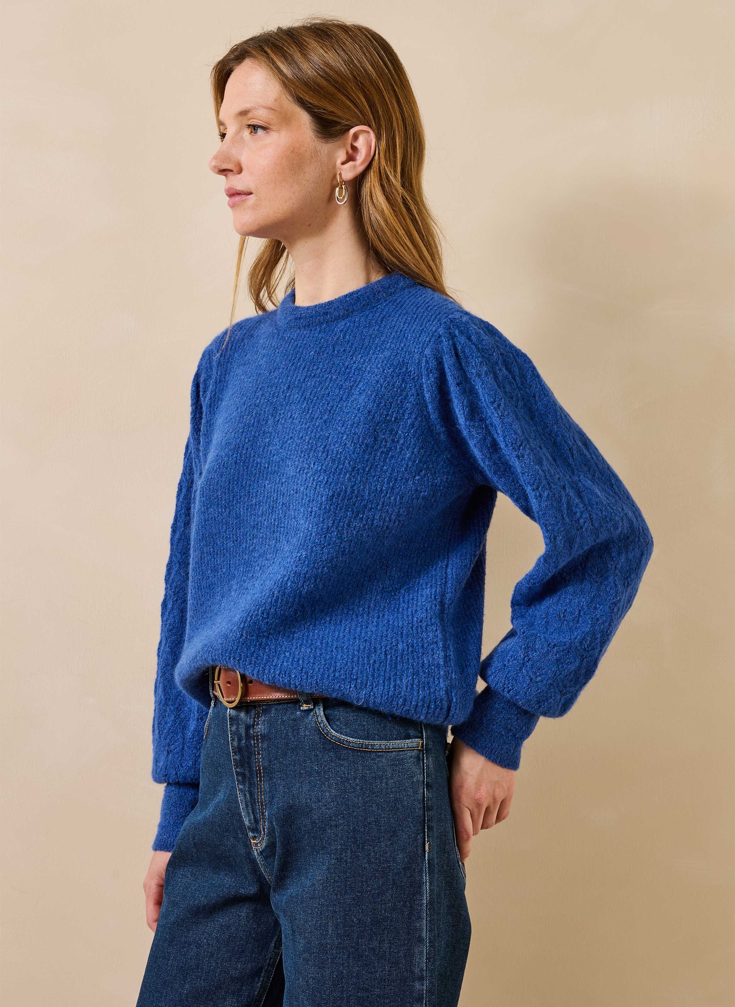 Straight fit round neck sweater in mixed knit with eyelet details. LA FEE MARABOUTEE Blue