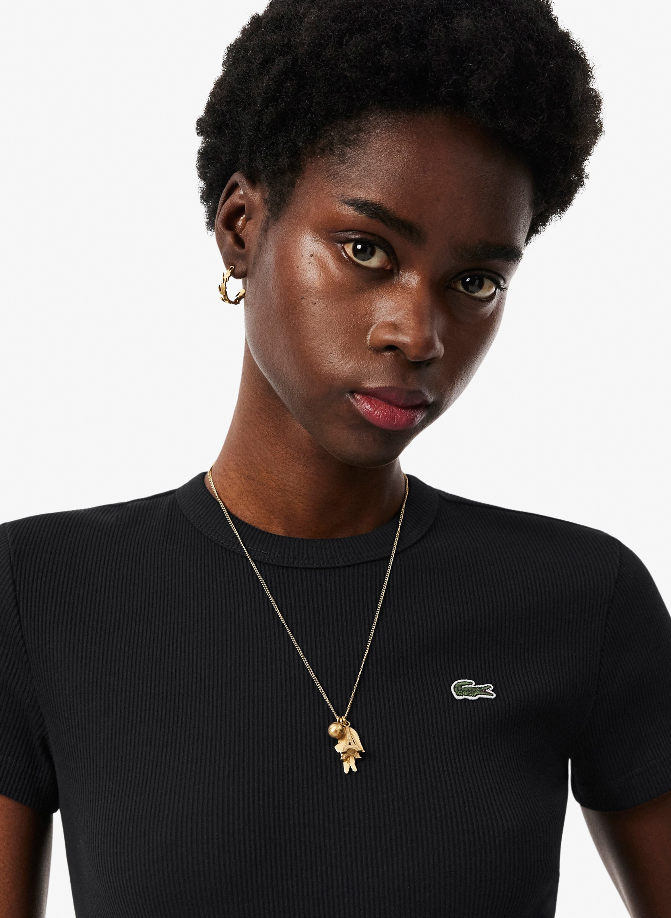 Tee-shirt moulant col rond en coton LACOSTE Noir