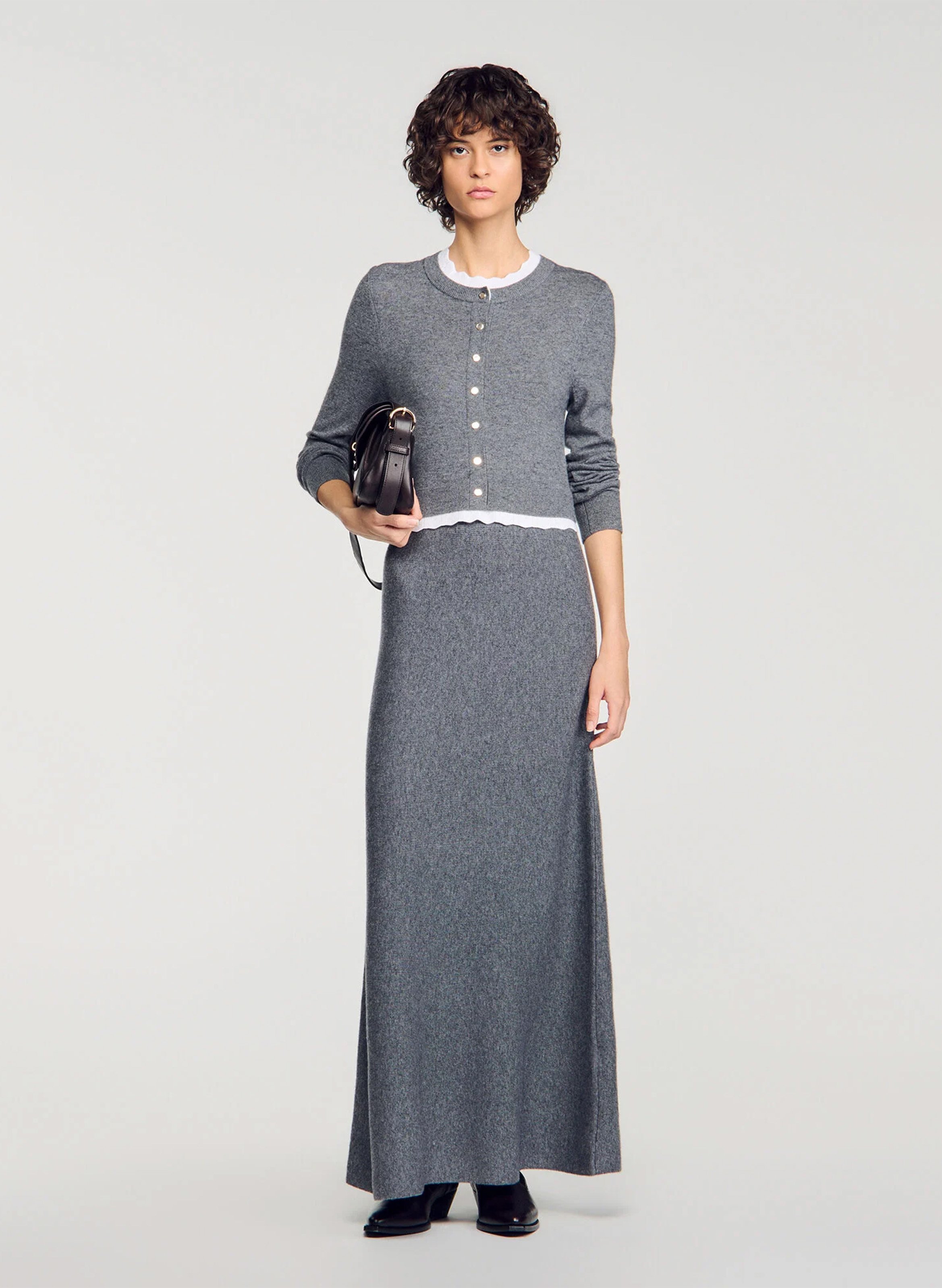 Robe longue évasée en laine et cachemire SANDRO Gris