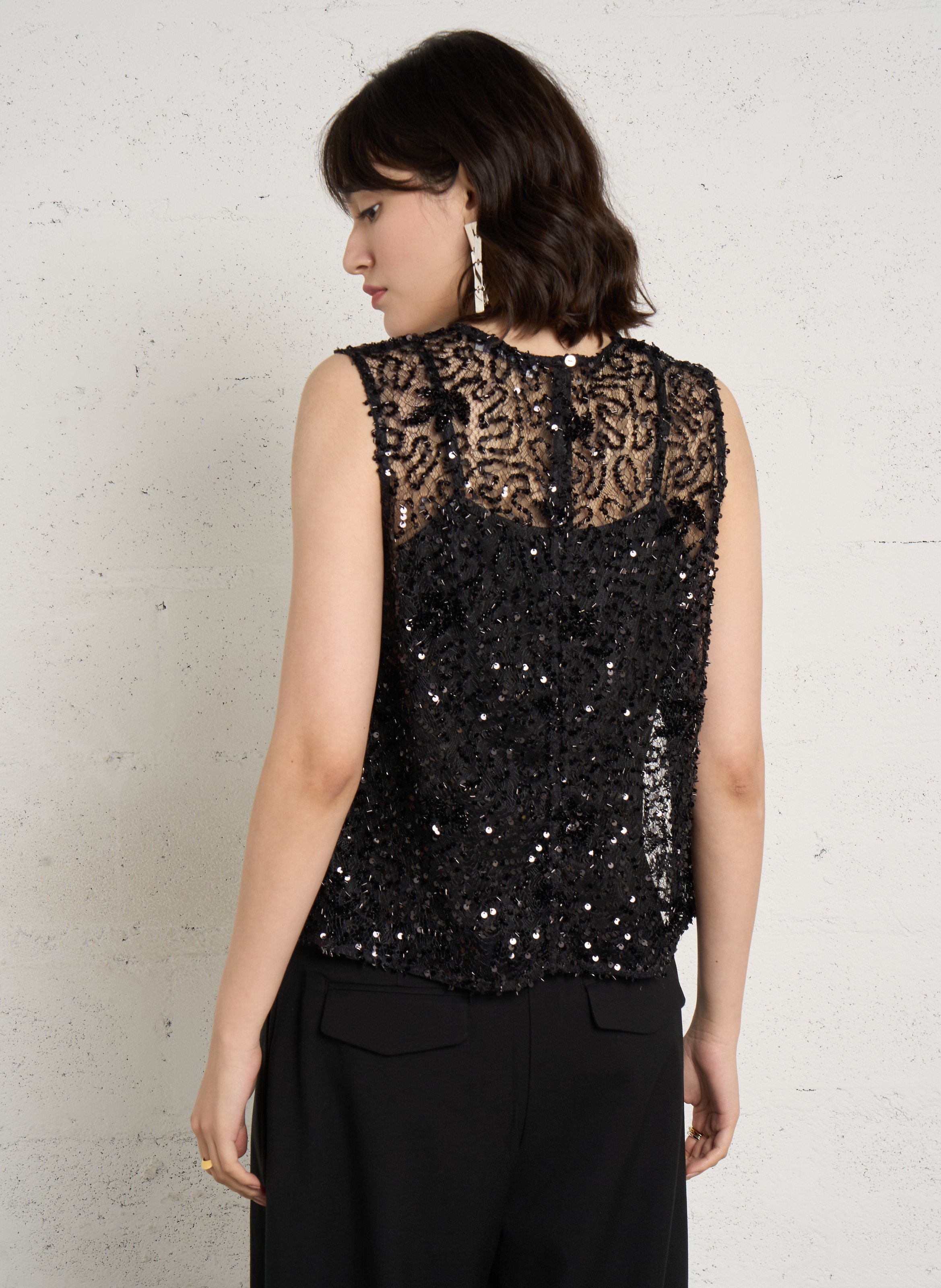 Top droit col rond à sequins  JC SOPHIE Noir