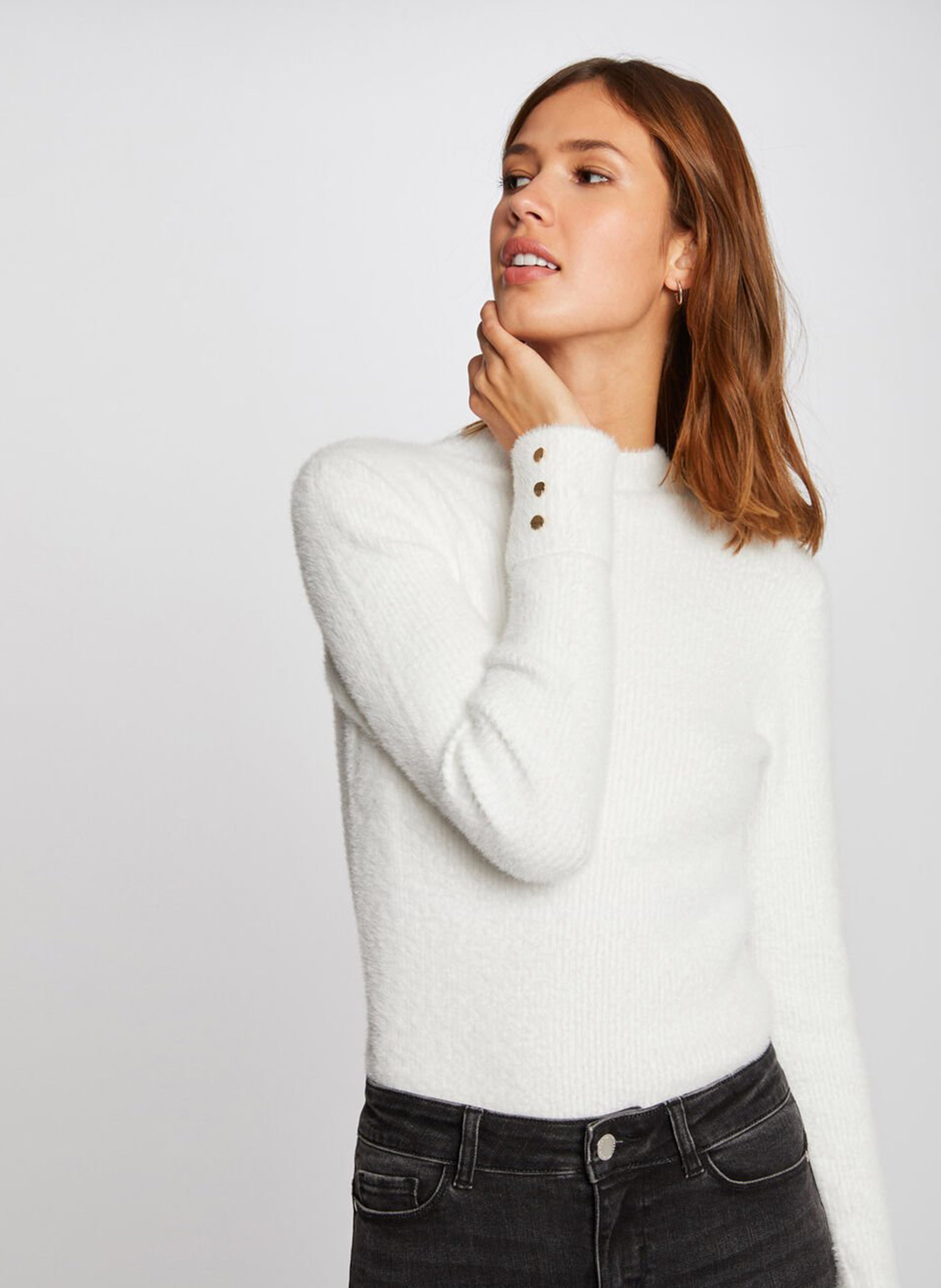 High-neck fluffy knit sweater MORGAN White