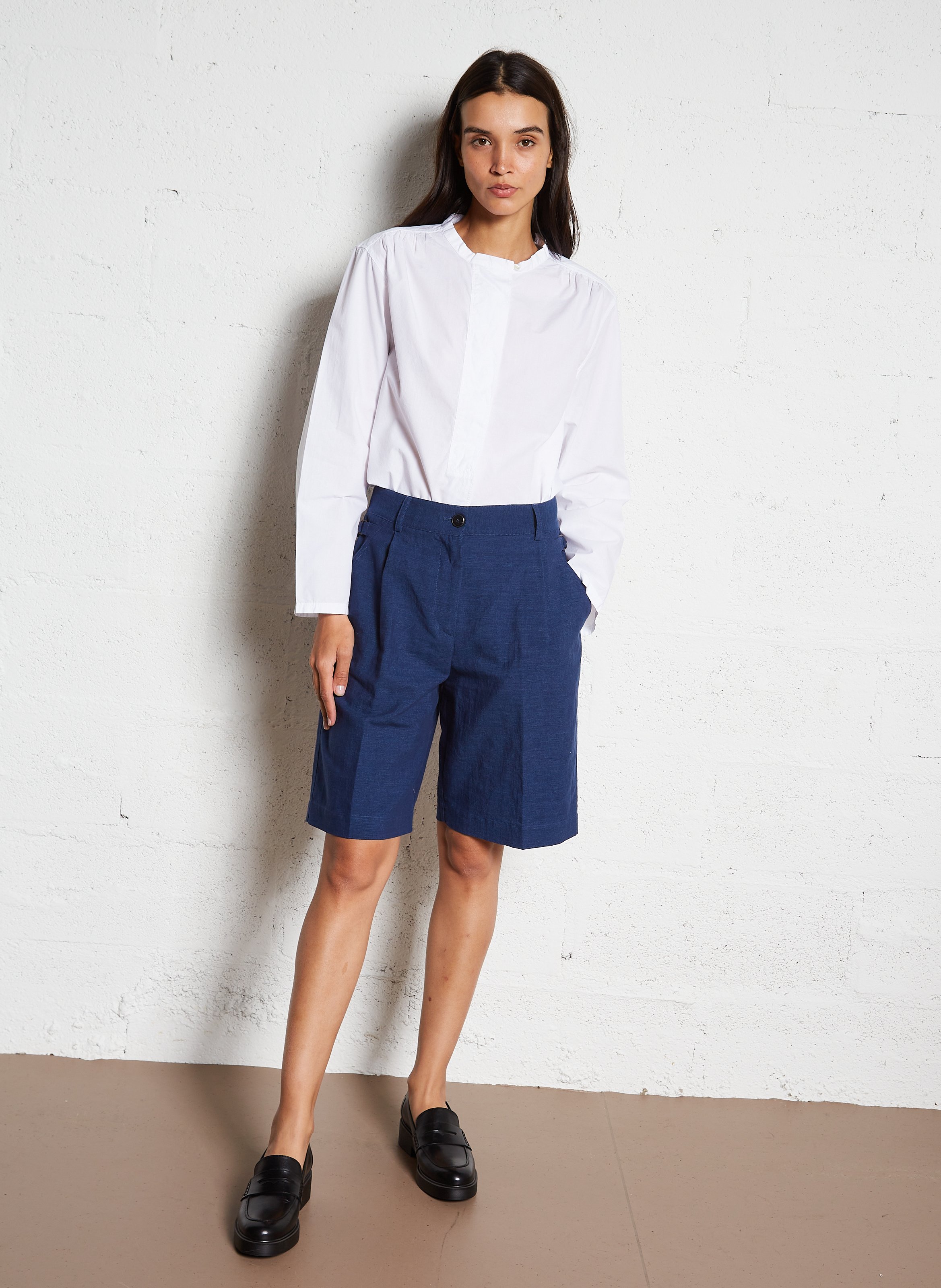 Bermuda large en lin et coton POMANDERE Bleu