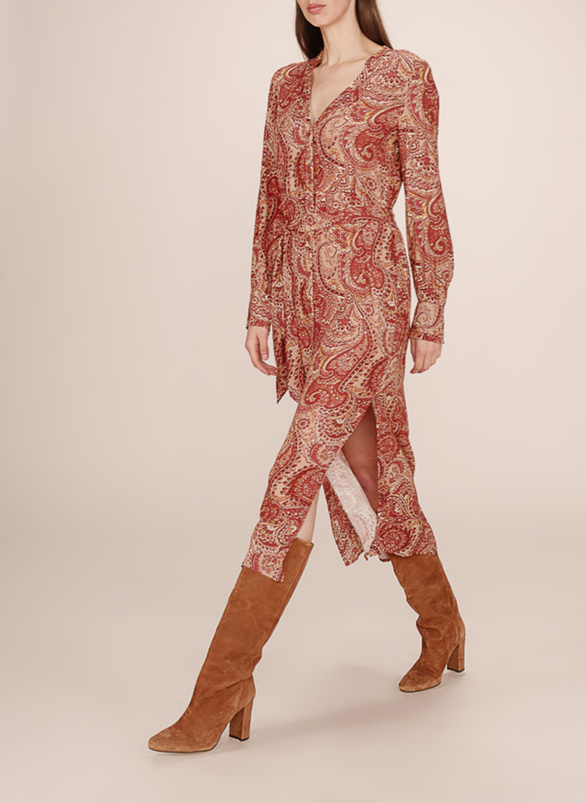 Lange jurk met V-hals en print GRACE ET MILA Brown