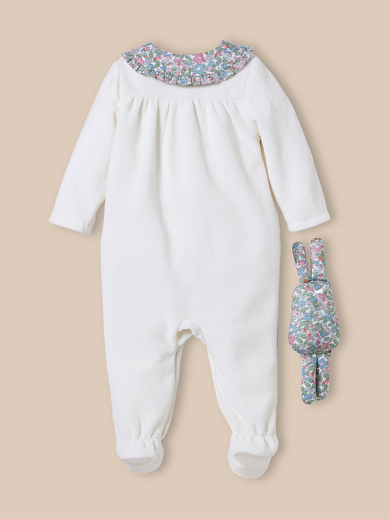 Velvet and Liberty fabric sleepsuit + cuddly toy CYRILLUS Beige