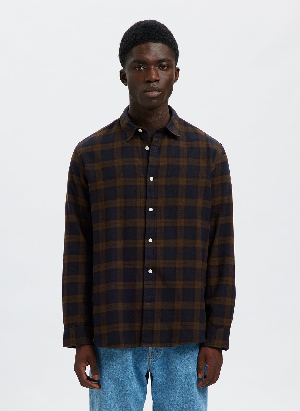 Organic cotton shirt with classic collar SELECTED Brown