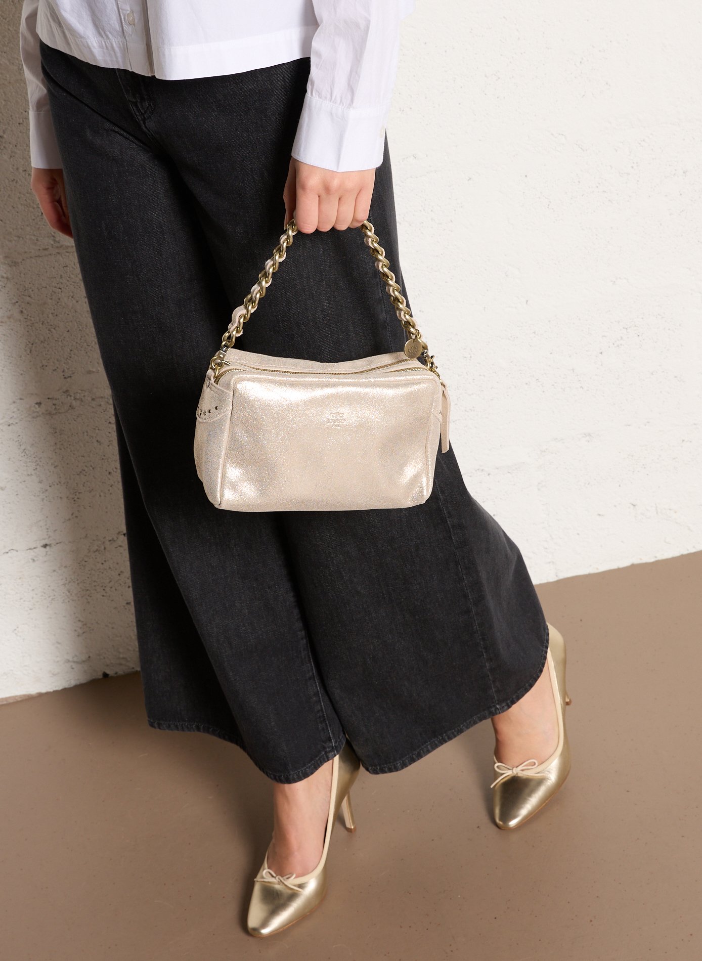 Sac bandoulière en croûte de cuir métallisé MILA LOUISE Blanc