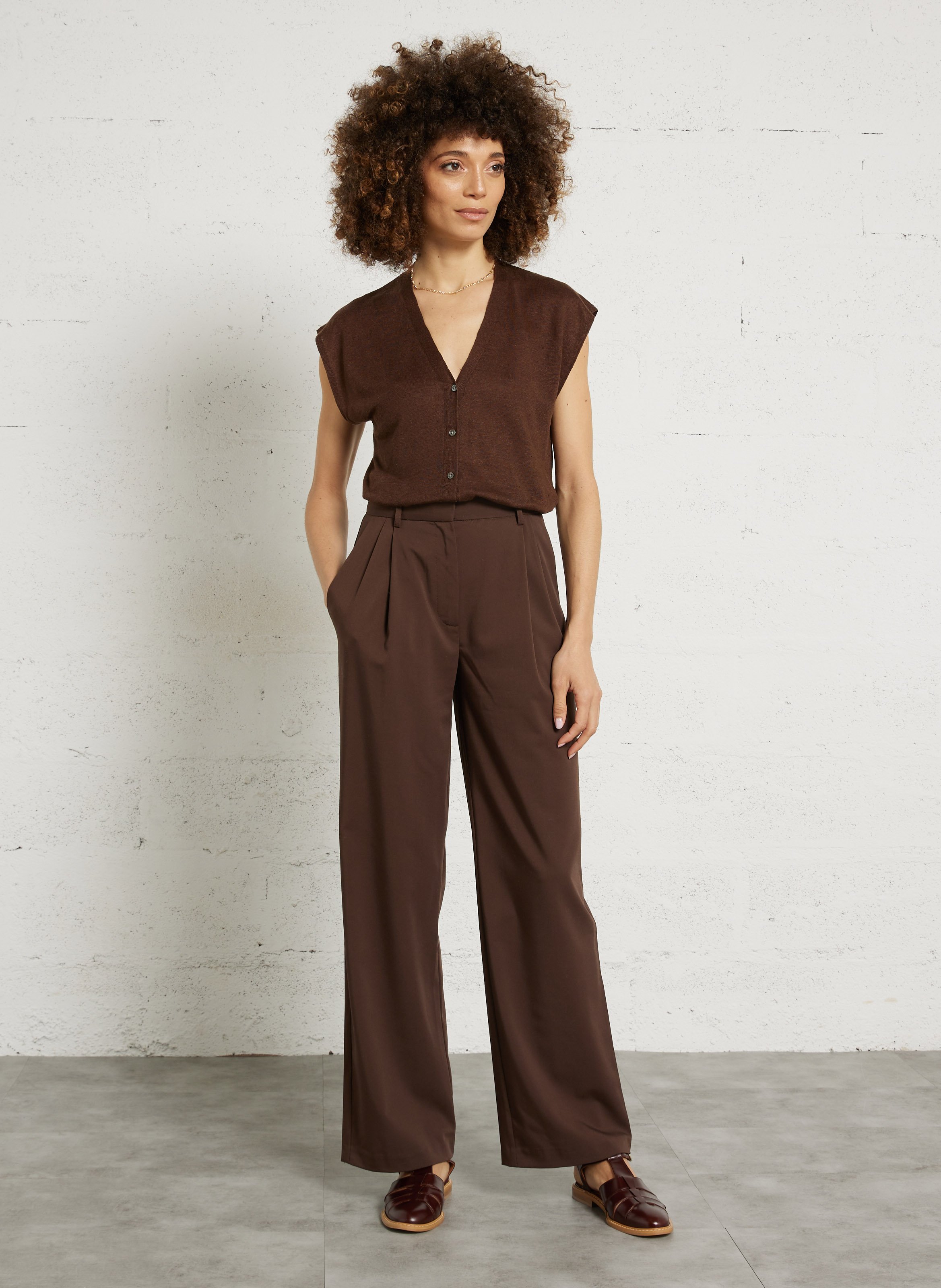 Gilet ample sans manches col V en lin HARTFORD Marron