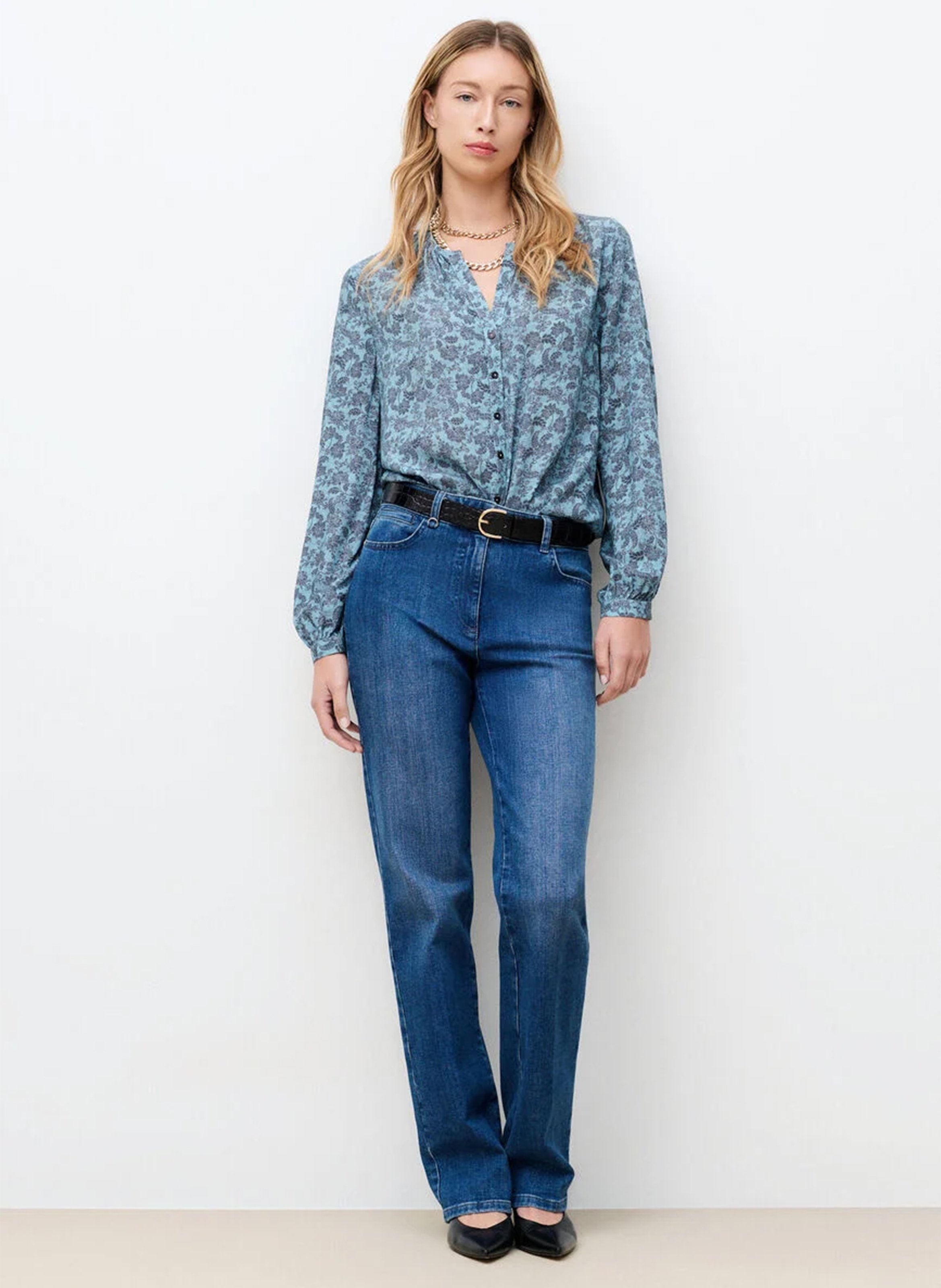 Chemise droite col V imprimée CAROLL Bleu