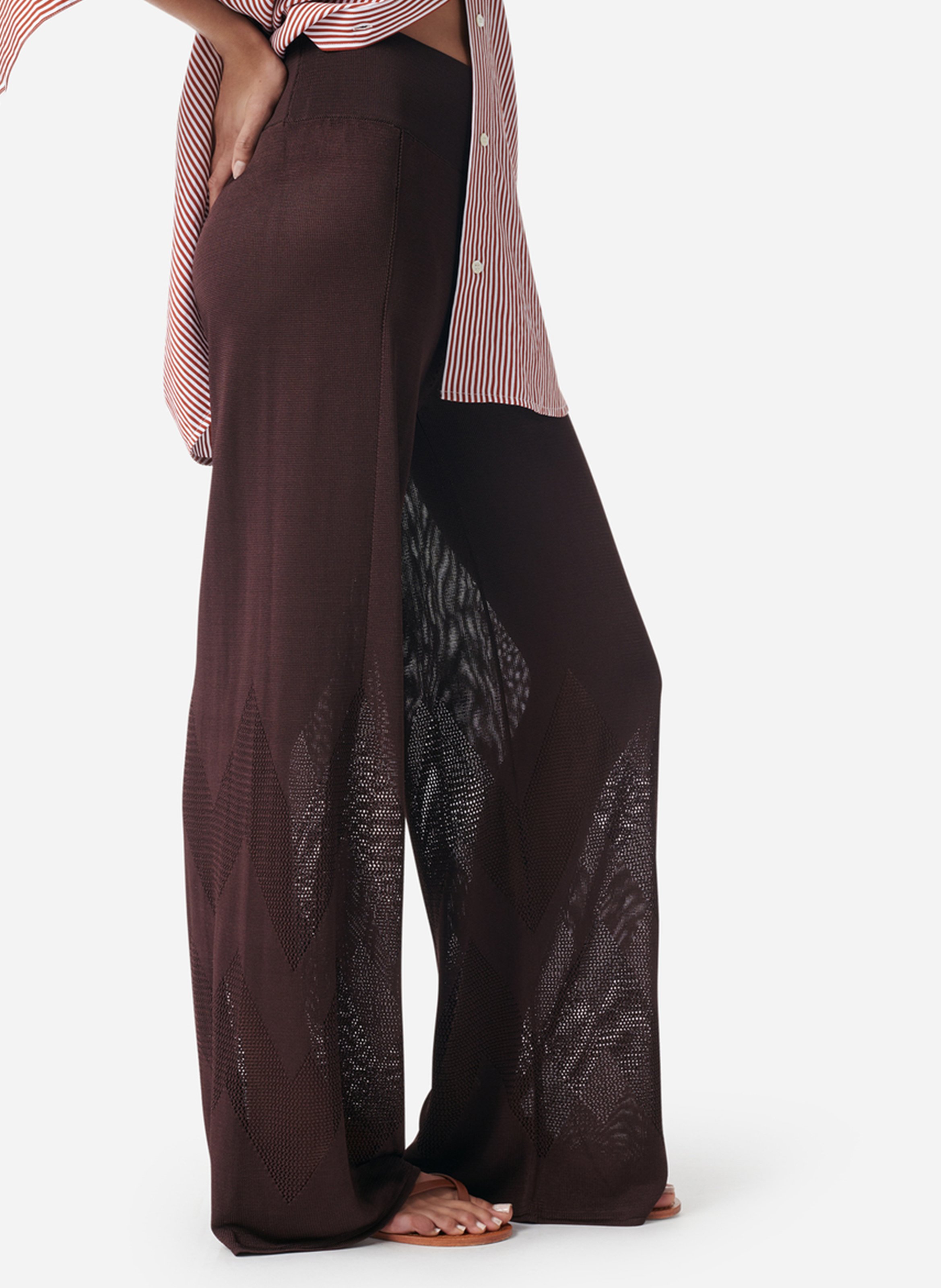 Wide-leg knit pants with openwork design VANESSA BRUNO Brown