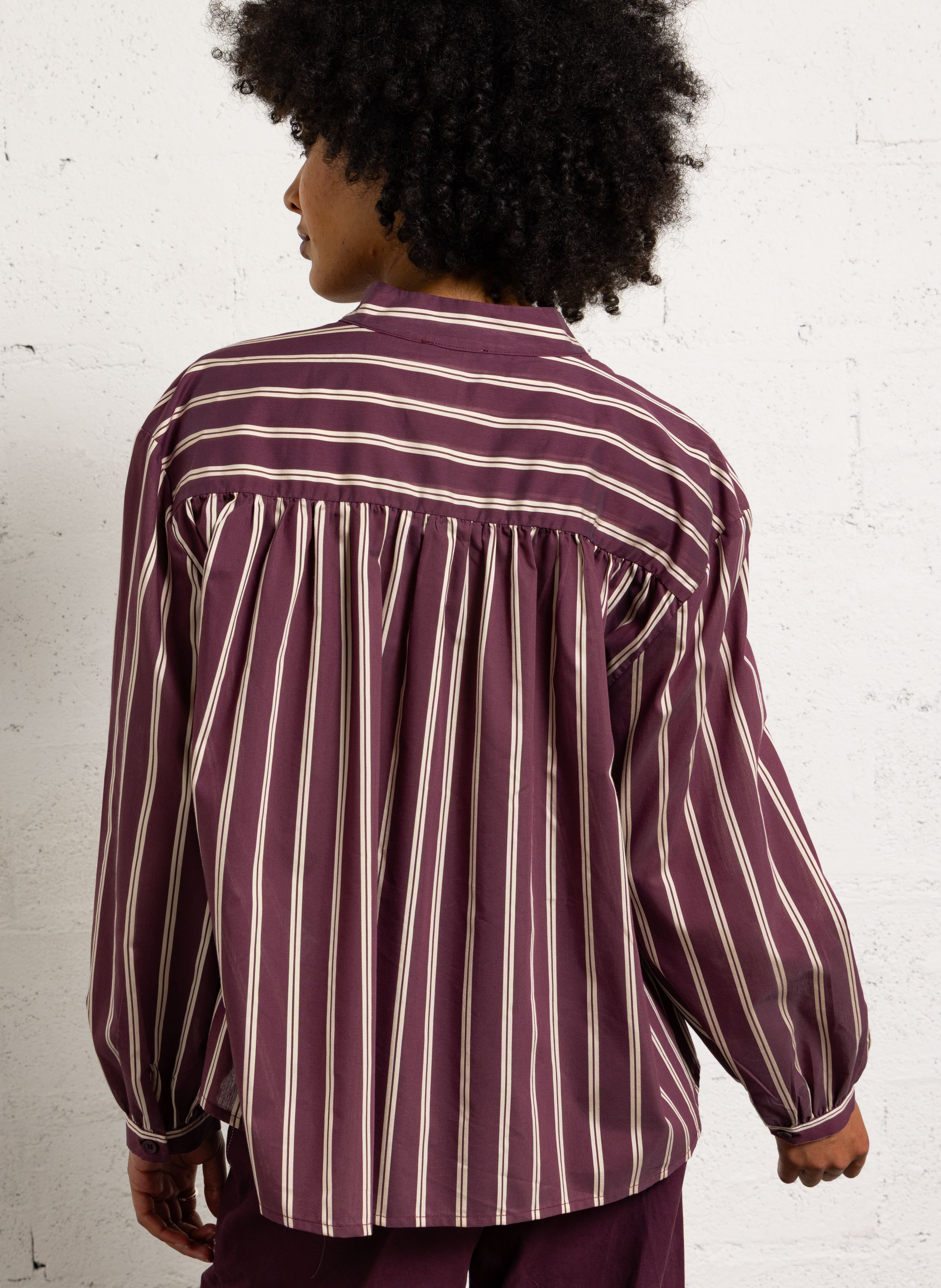 Blouse ample col tunisien rayée SUNCOO Prune