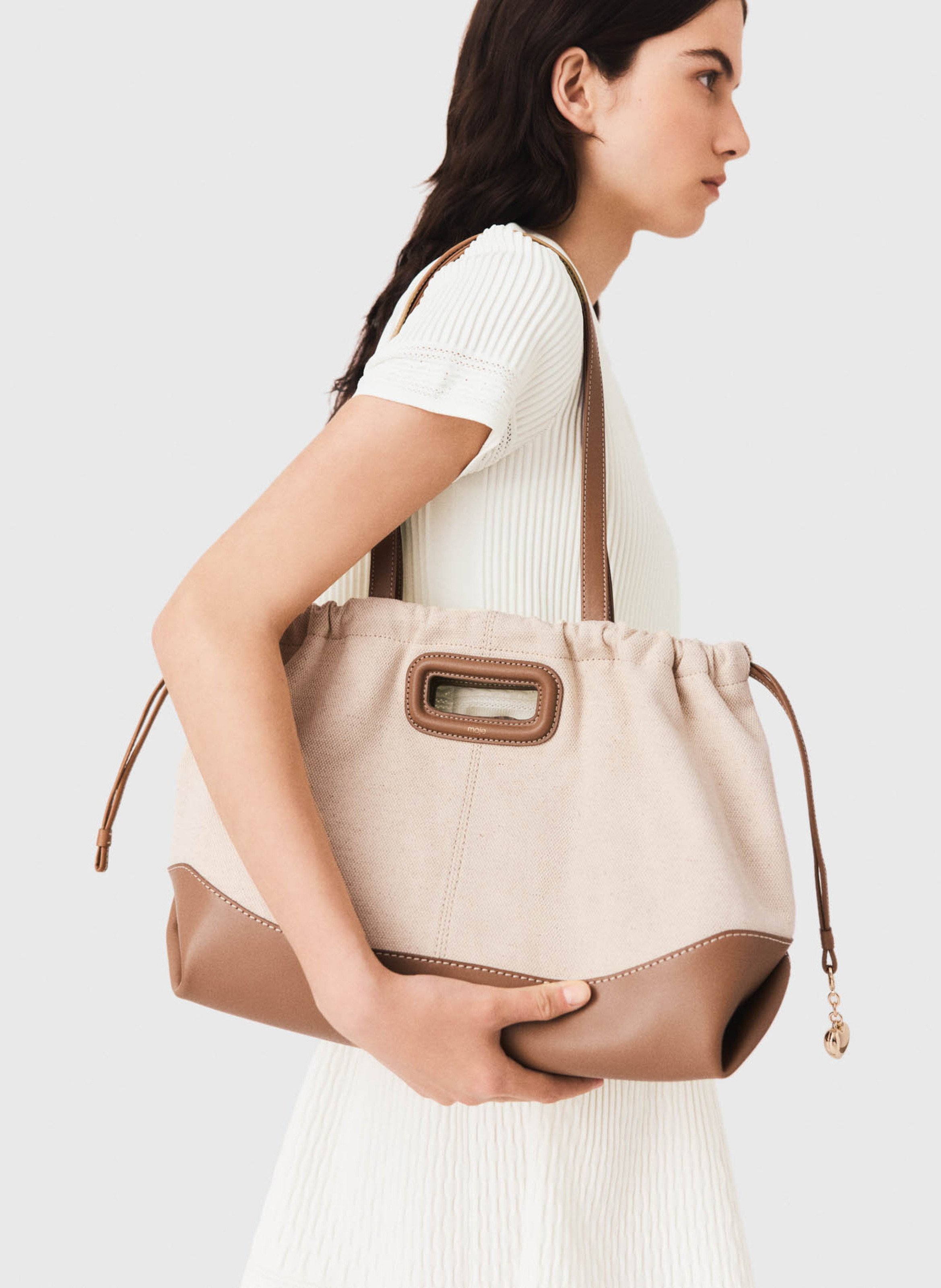Sac porté épaule en coton et en lin MAJE Beige