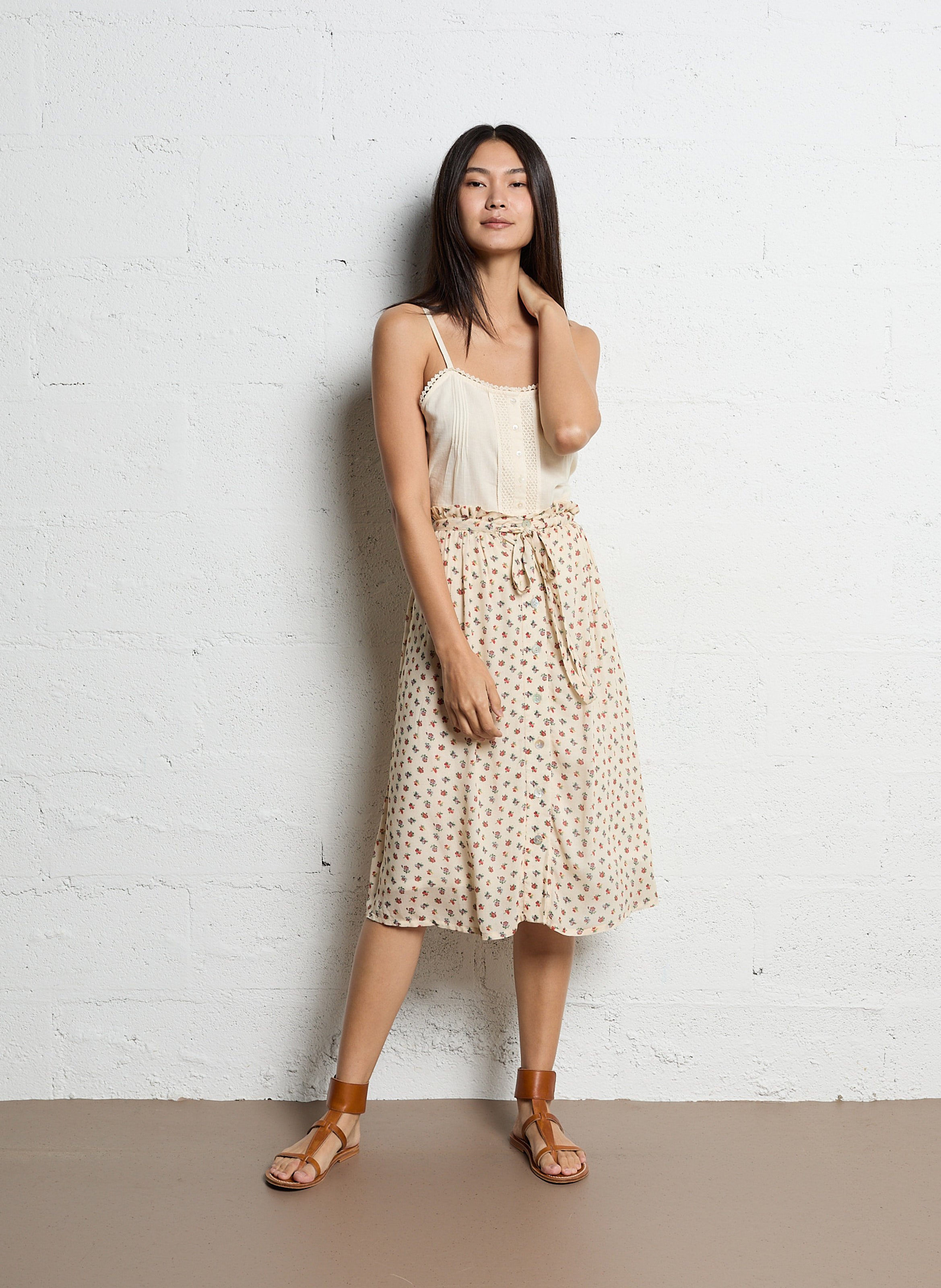 Jupe midi imprimé fleuri EMILE ET IDA Beige