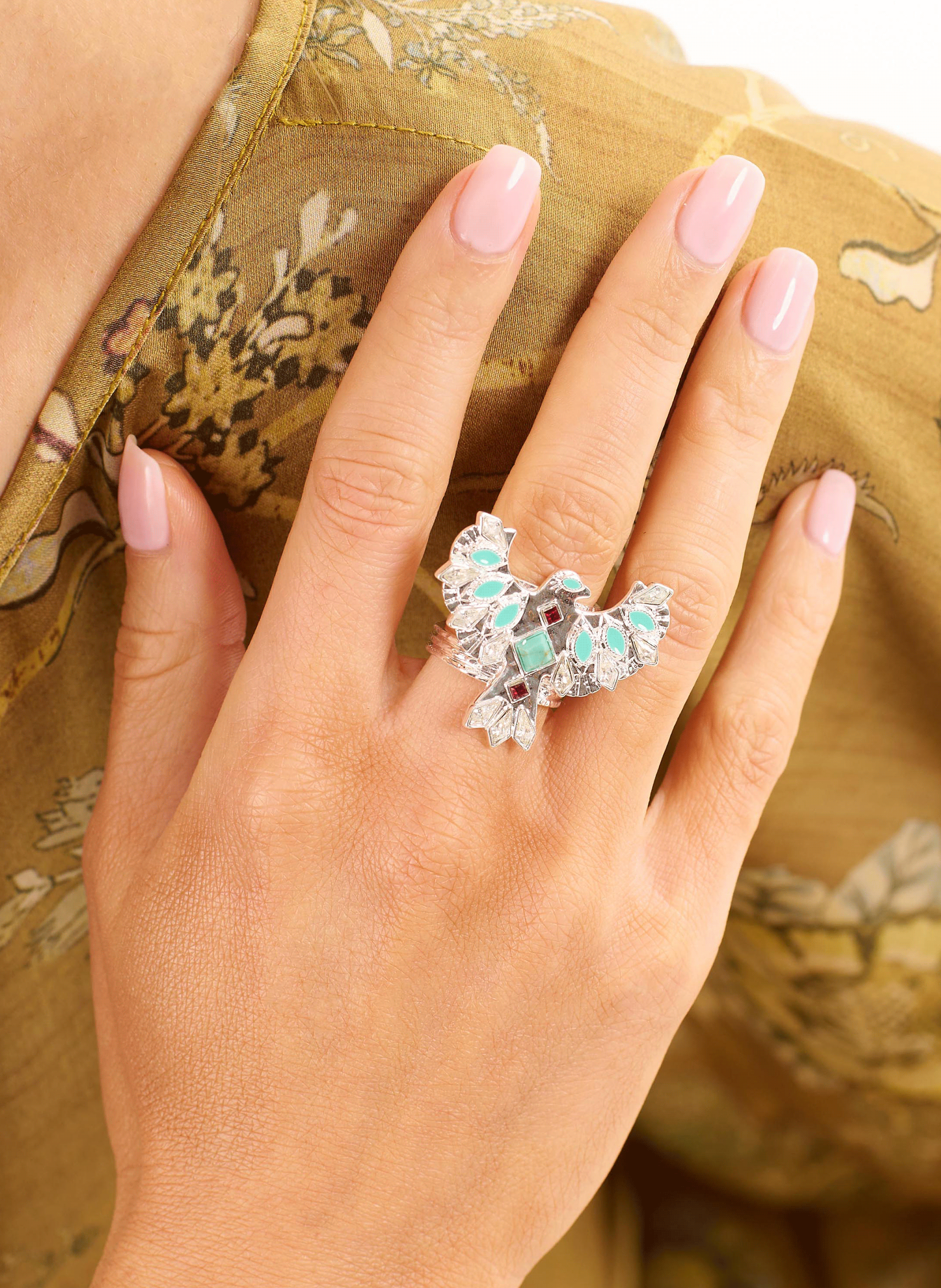 Adjustable ring with central cabochon adorned with rhinestones HIPANEMA Silver