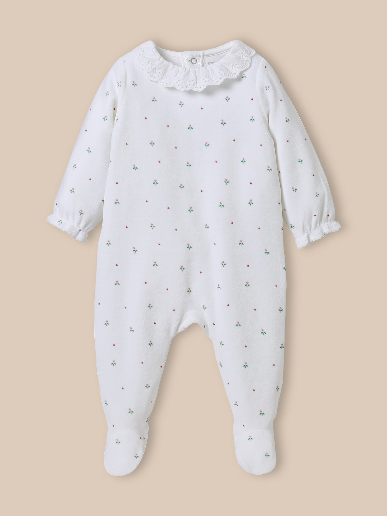 Velvet sleepsuit with English embroidery collar CYRILLUS Beige