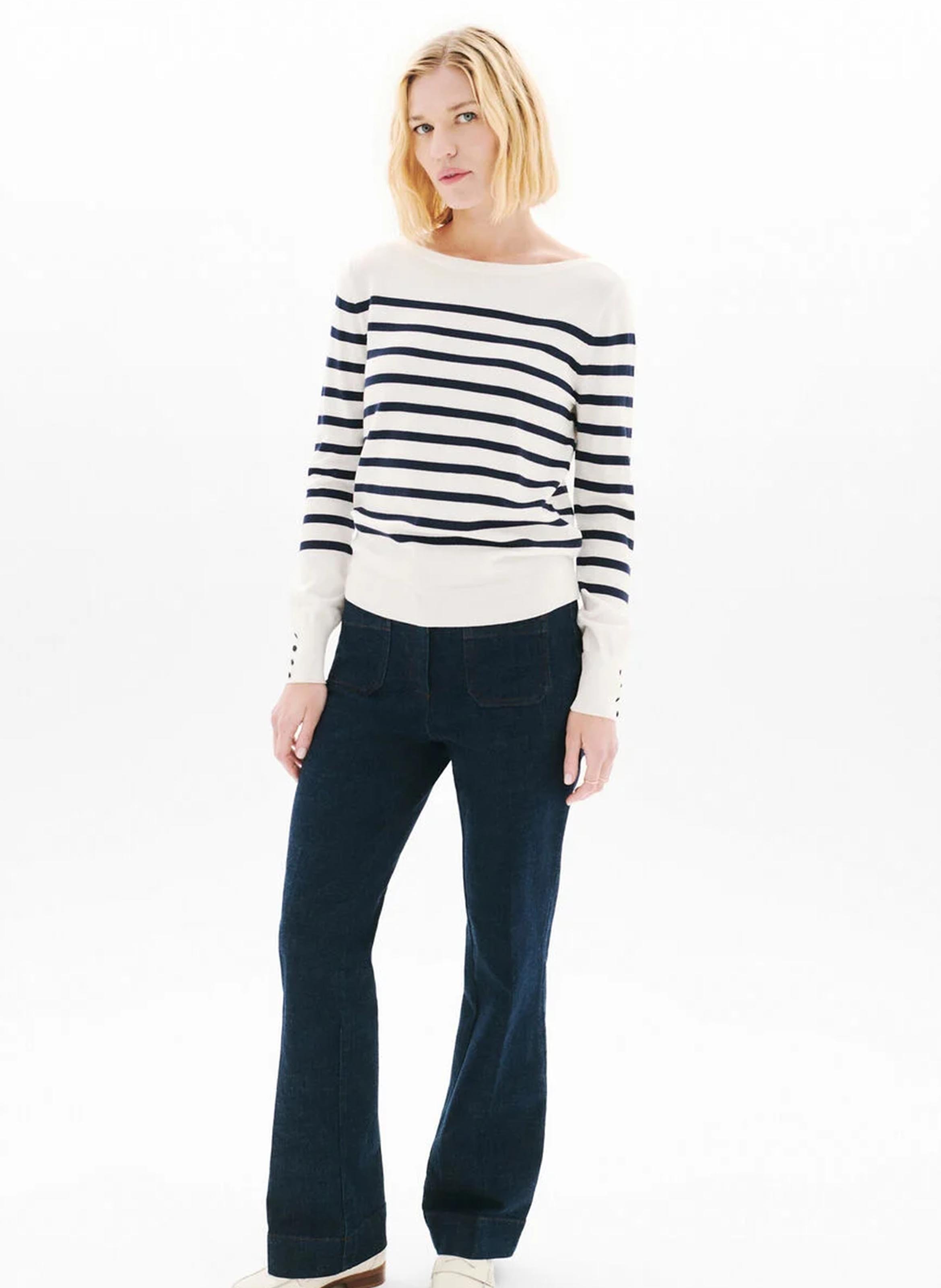 Striped straight-cut boat-neck sweater Beige
