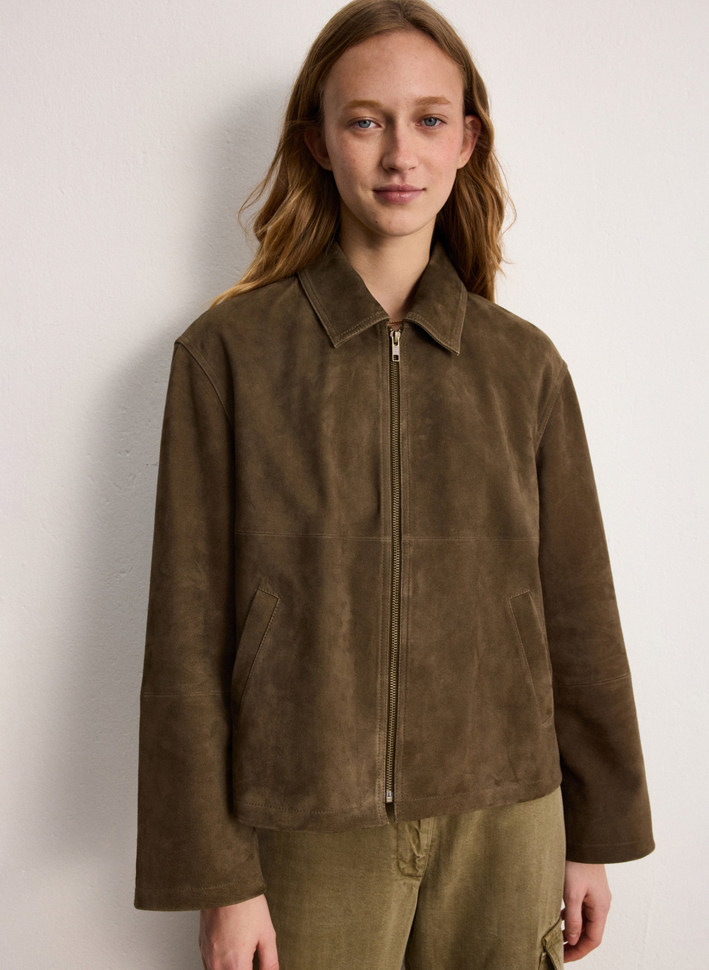 Oversized jacket with classic collar in suede leather PABLO Khaki