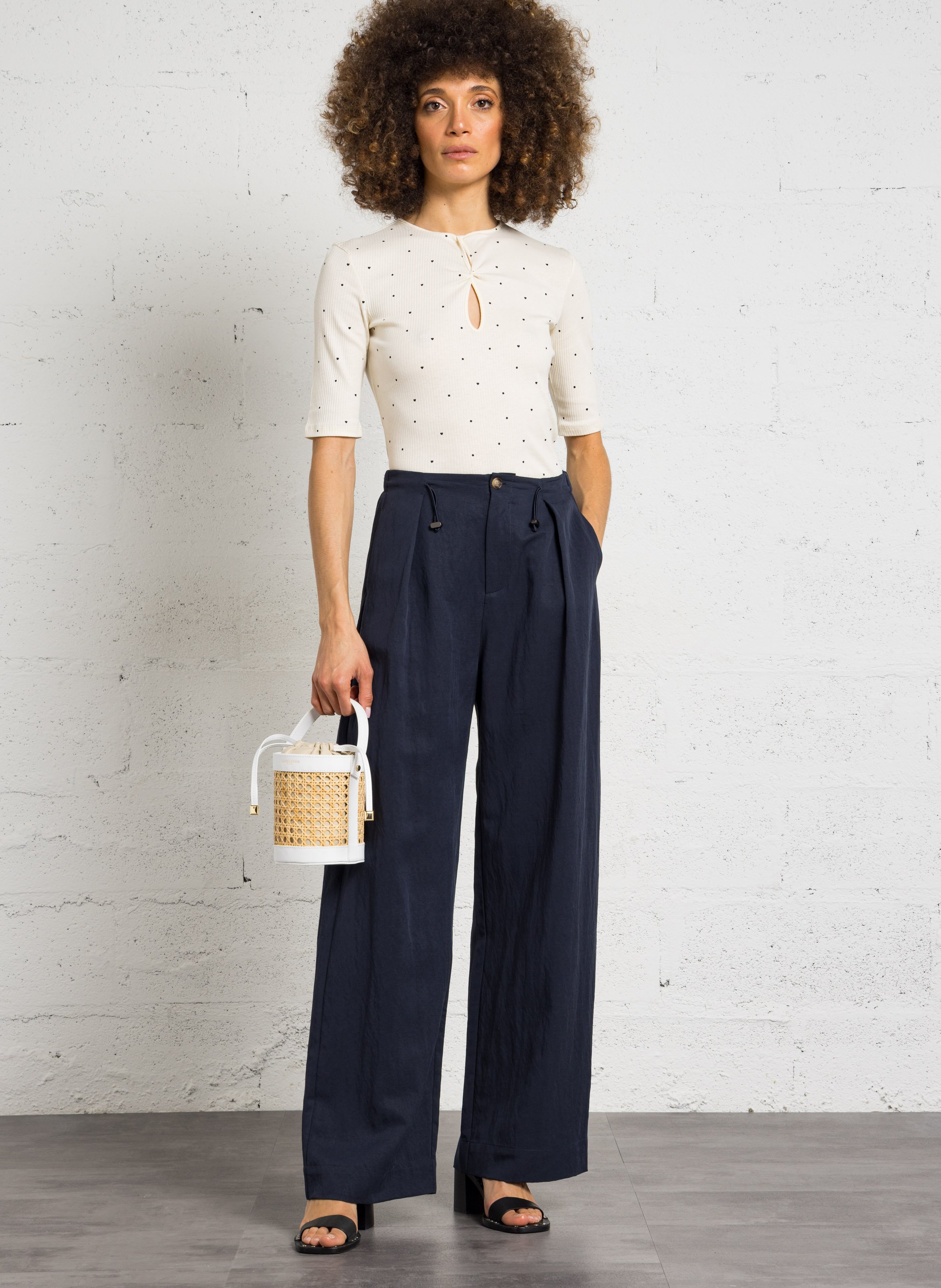 Sac seau en rotin et cuir LANCASTER PARIS Blanc