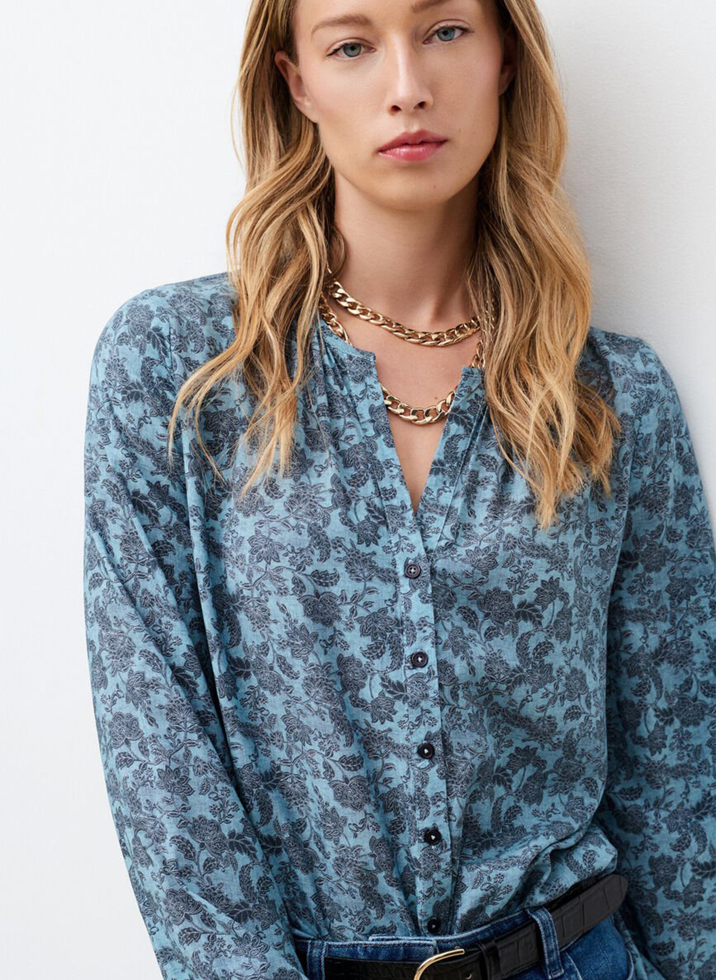 Chemise droite col V imprimée CAROLL Bleu