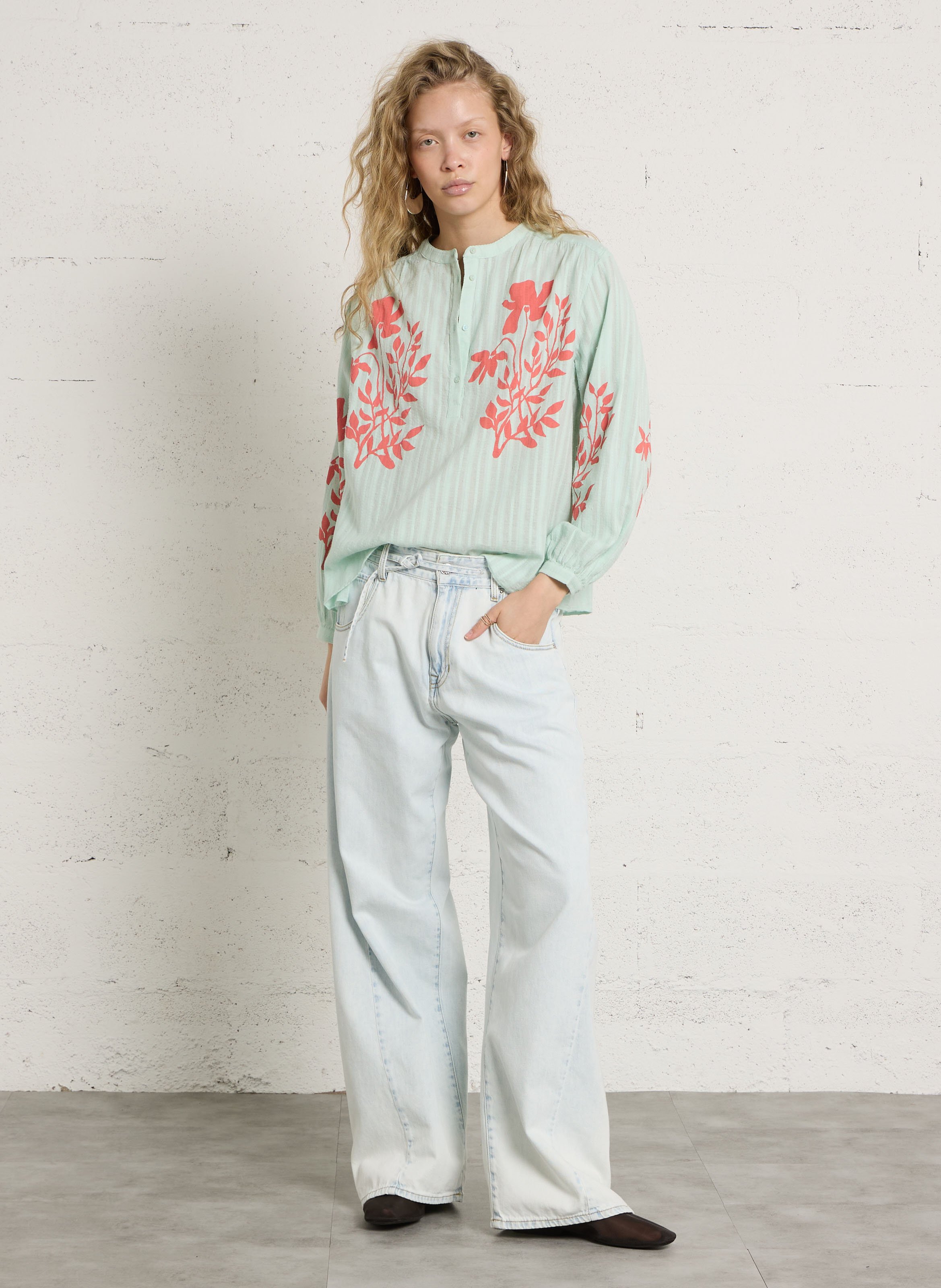 Loose-fit cotton henley blouse SUD EXPRESS Blue