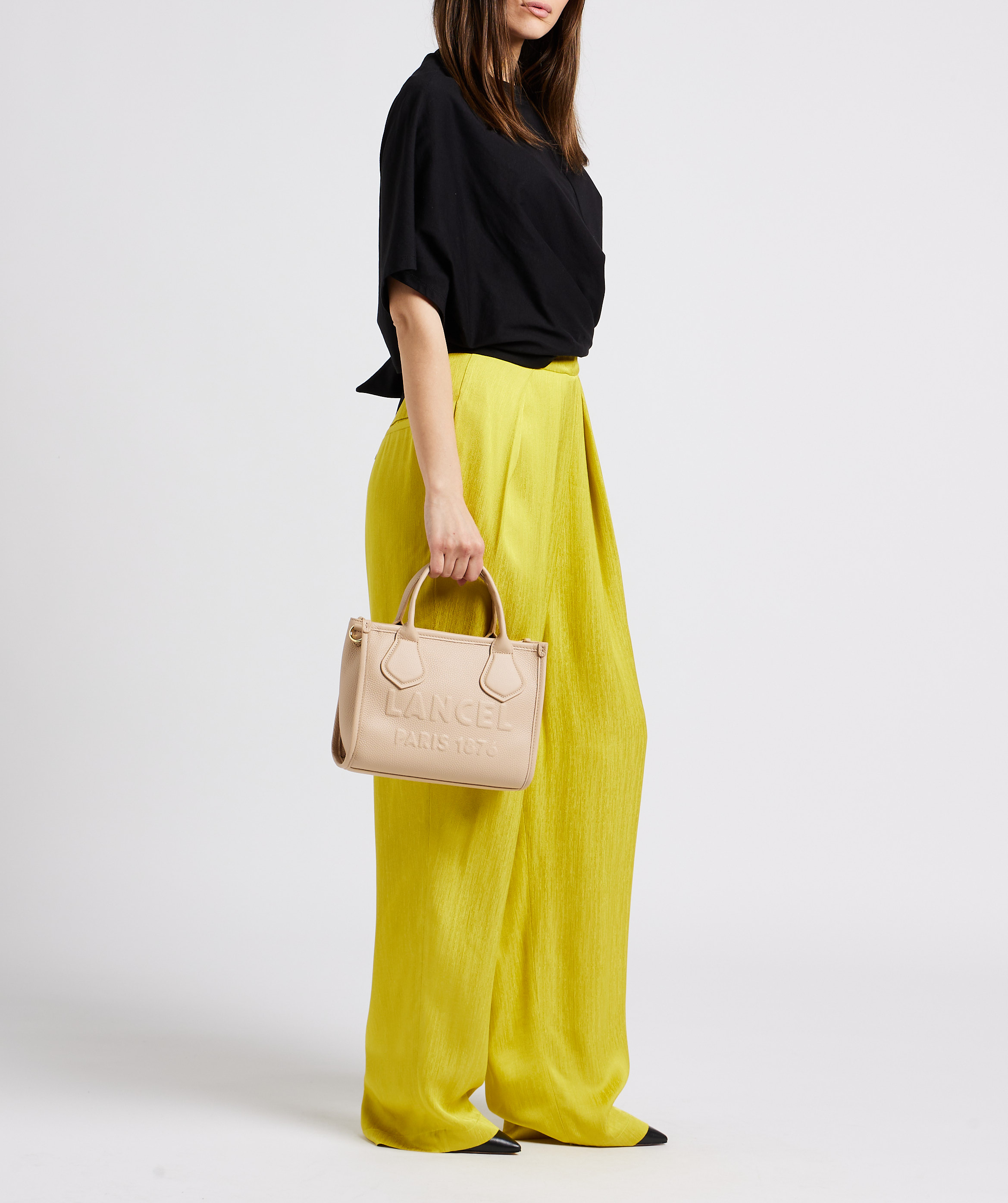 Embossed logo grained leather handbag LANCEL Beige