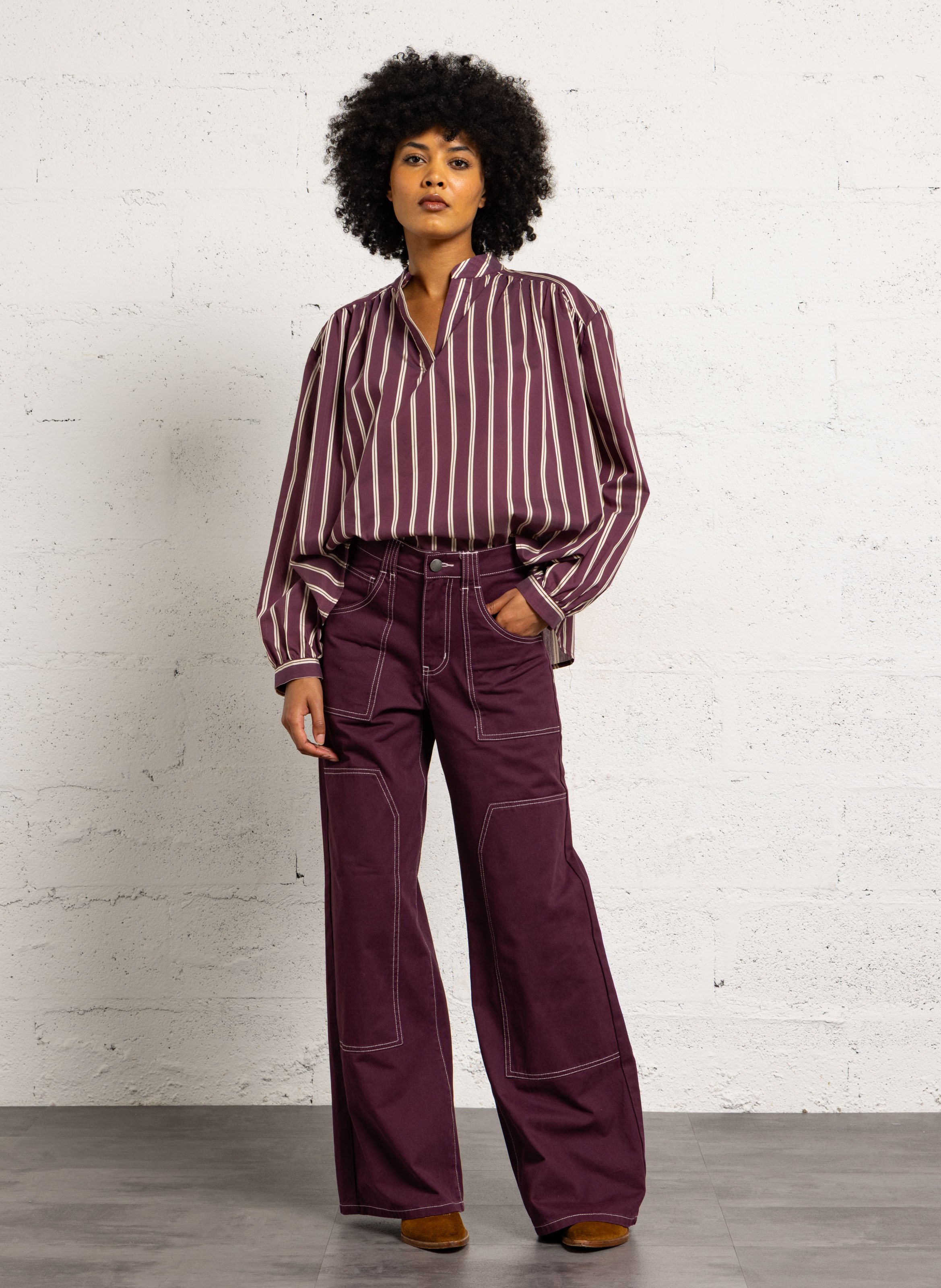 Blouse ample col tunisien rayée SUNCOO Prune