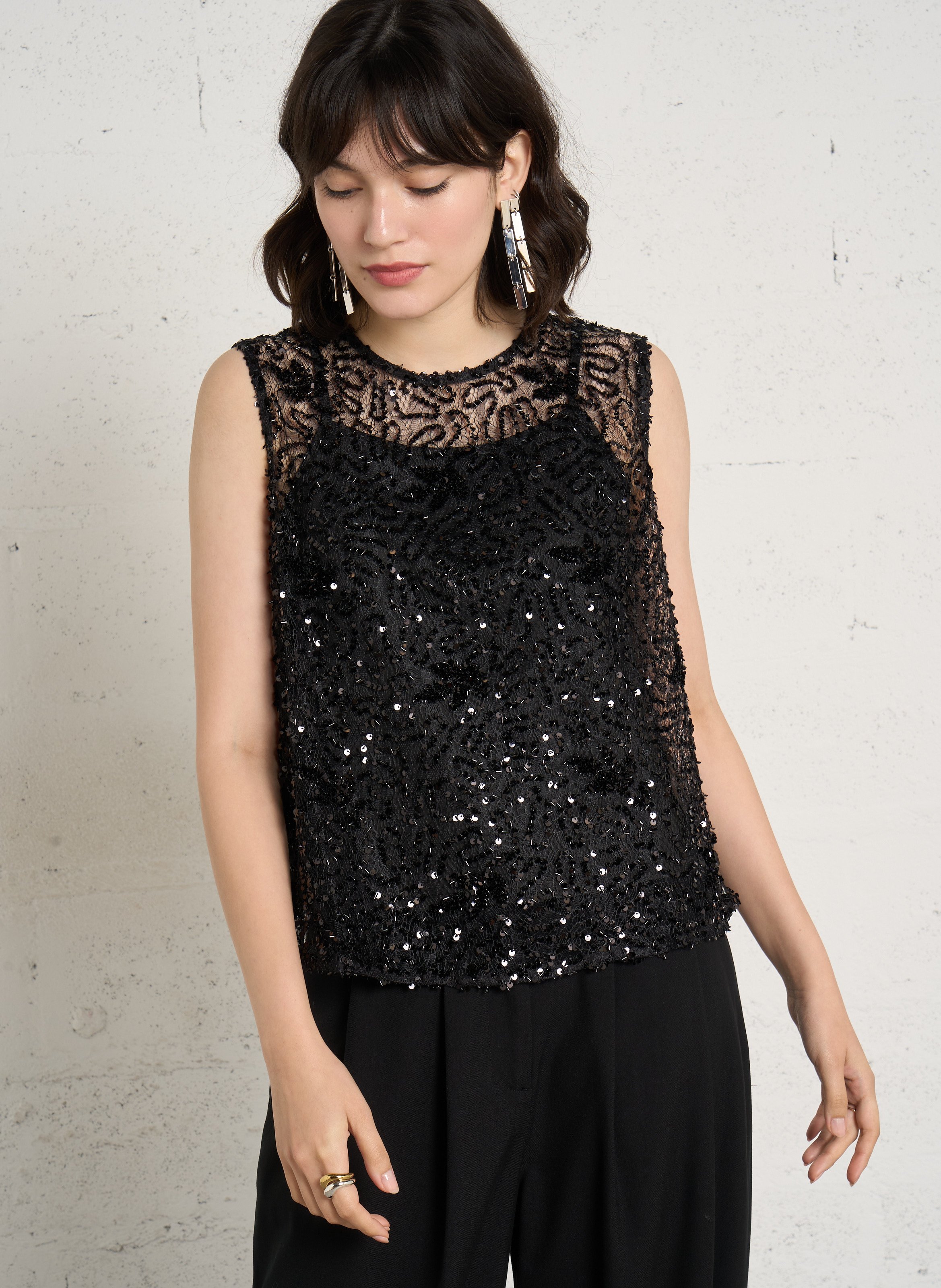 Top droit col rond à sequins  JC SOPHIE Noir