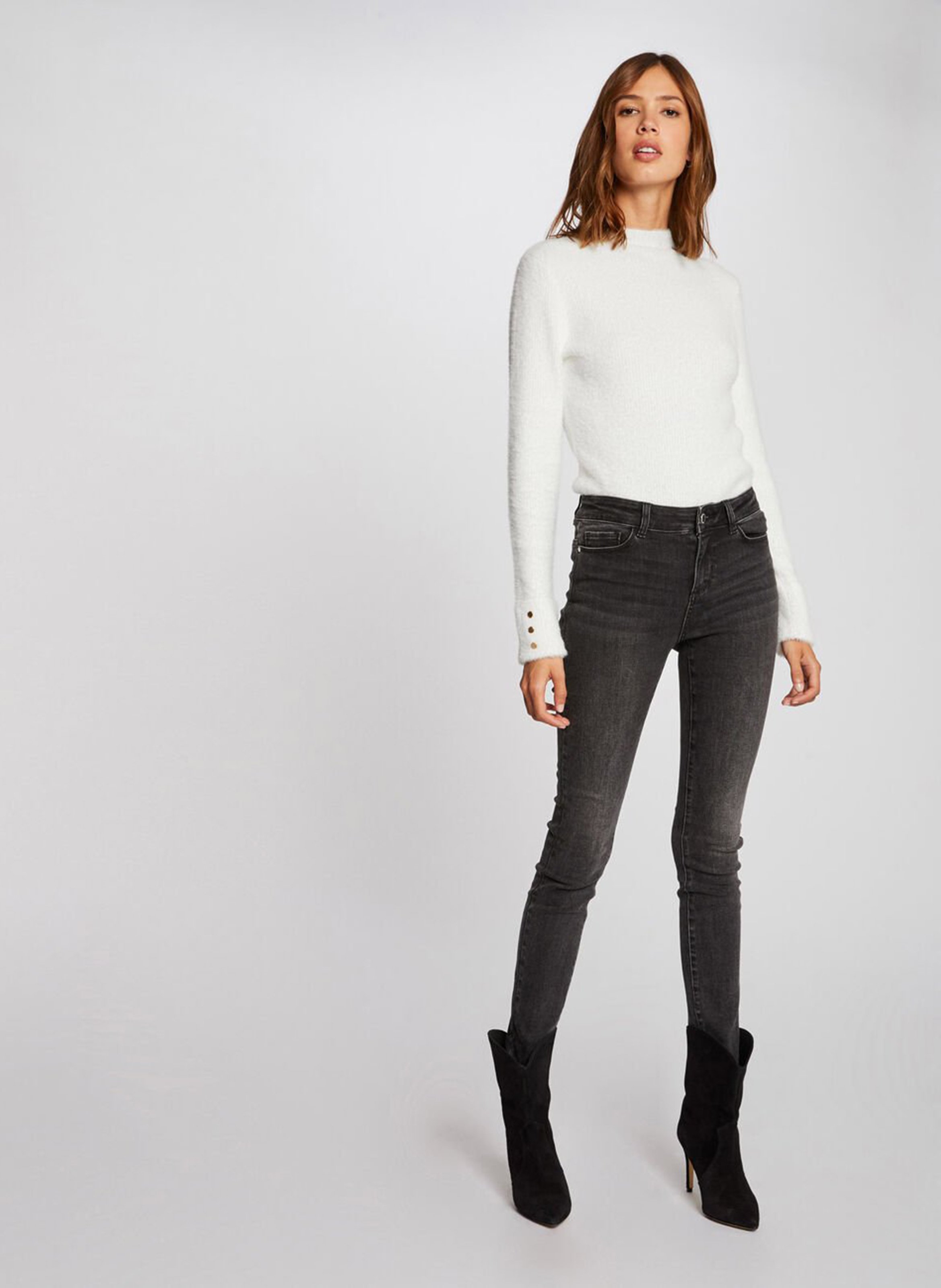 High-neck fluffy knit sweater MORGAN White