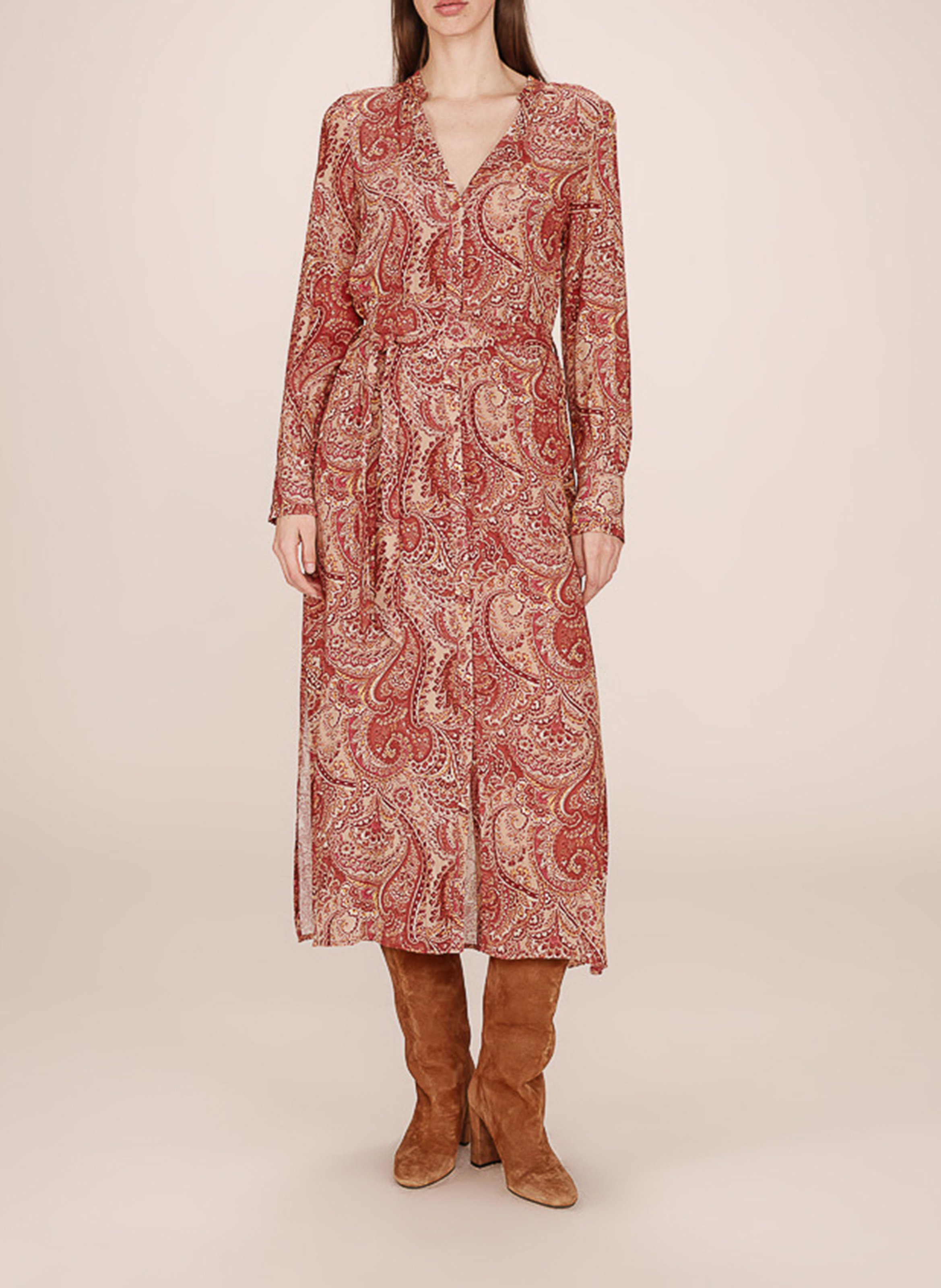 Lange jurk met V-hals en print GRACE ET MILA Brown