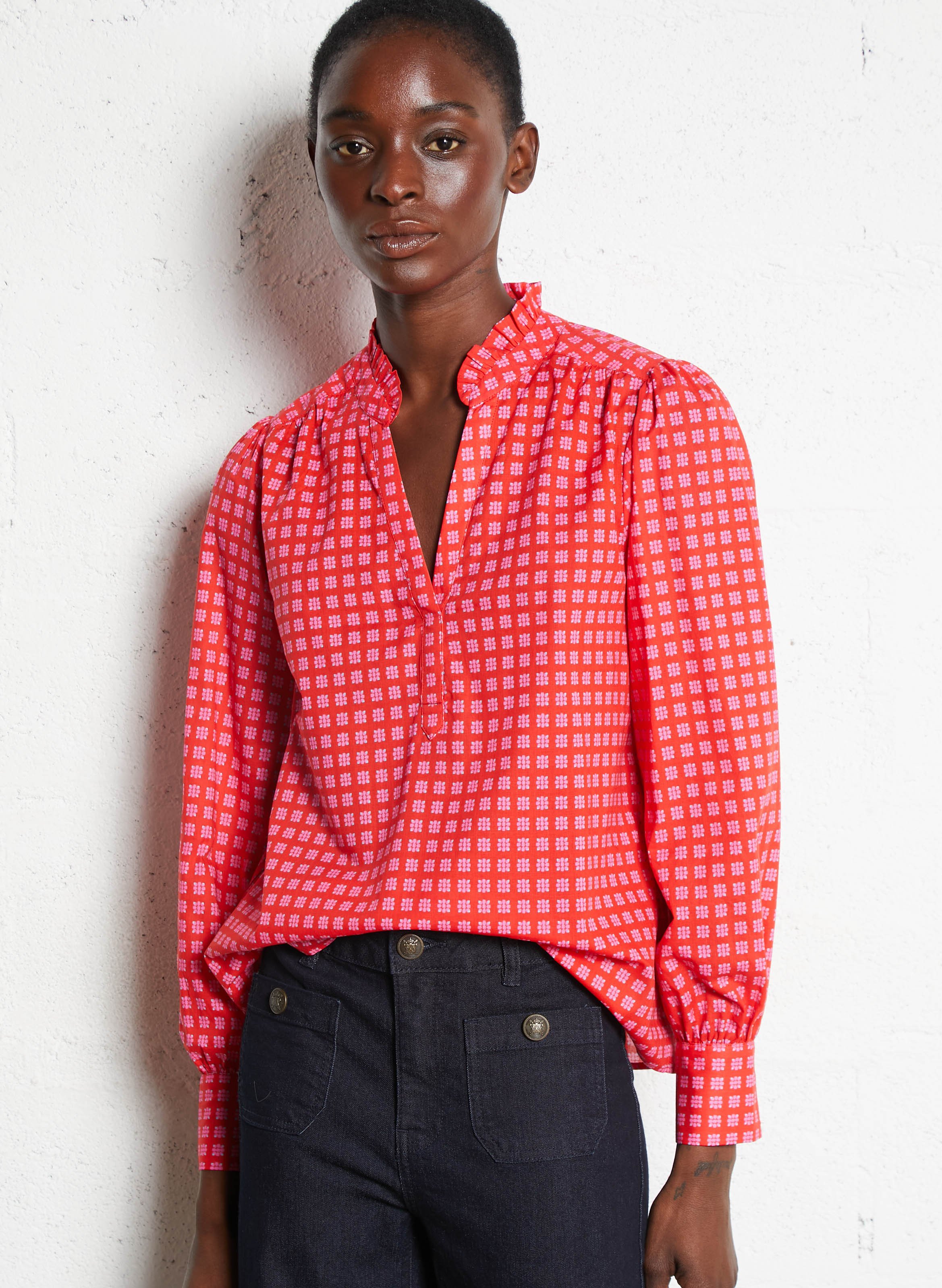 Tunika mit Tunika-Kragen und Print MAISON 123 Rot