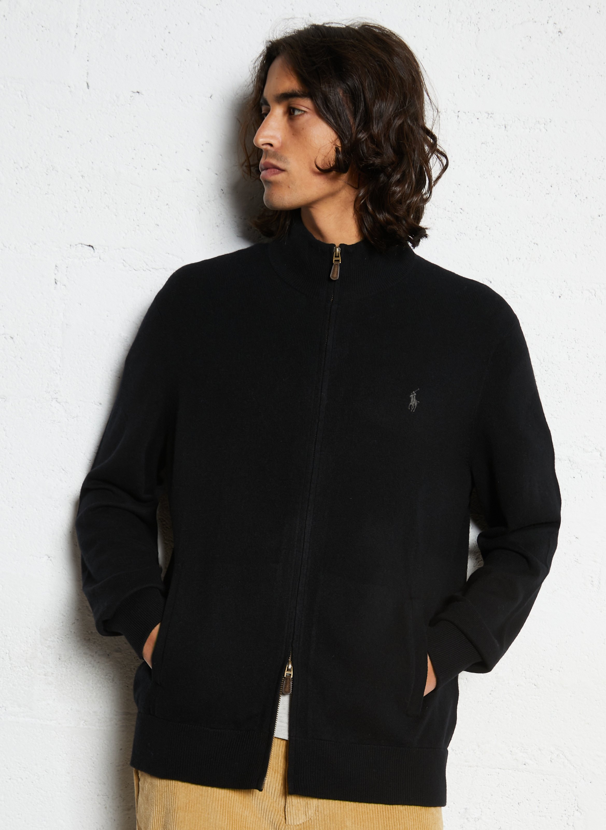 Gilet zippé à broderie logo en laine POLO RALPH LAUREN Noir