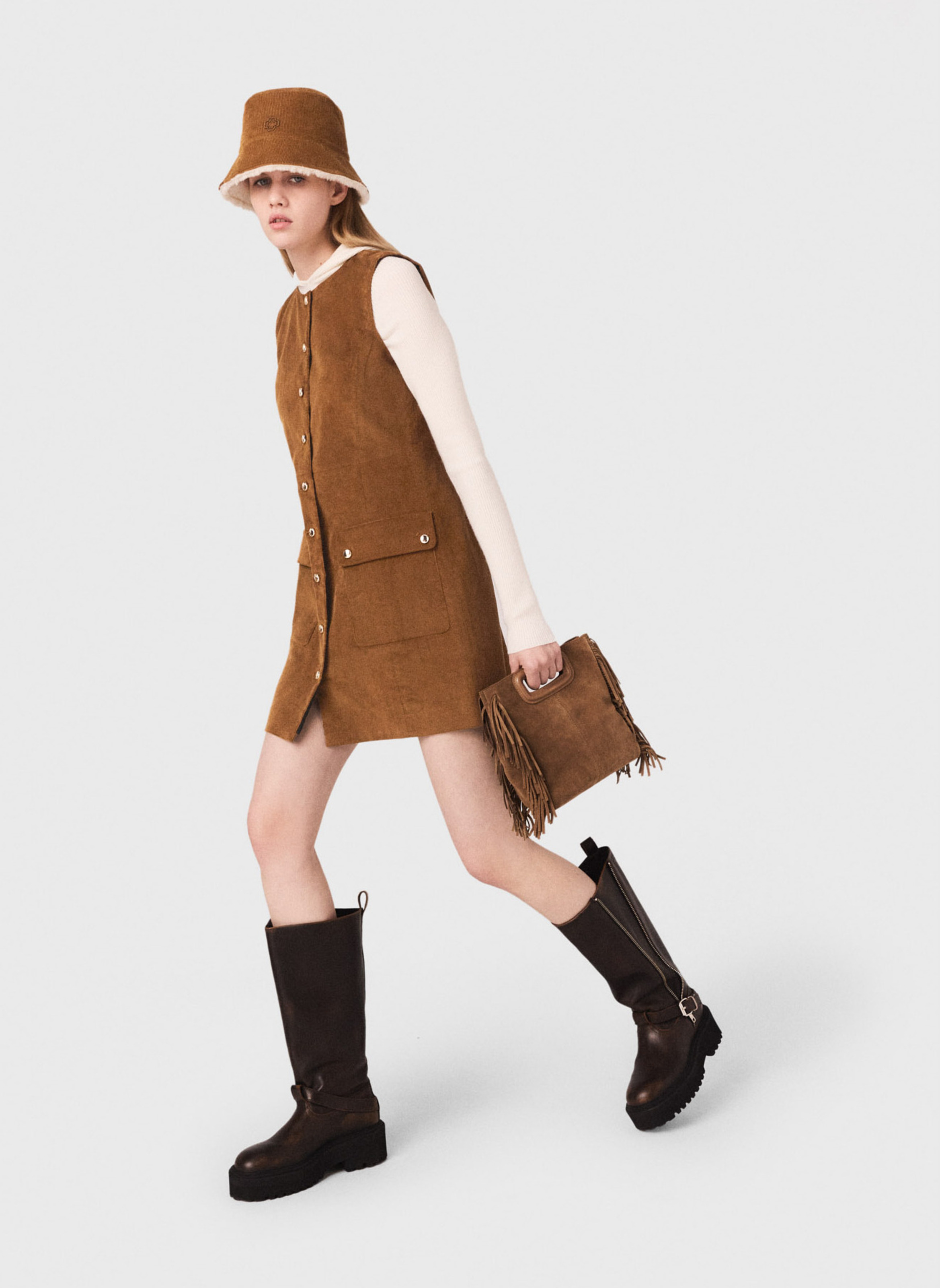 Robe courte col rond en coton mélangé MAJE Marron