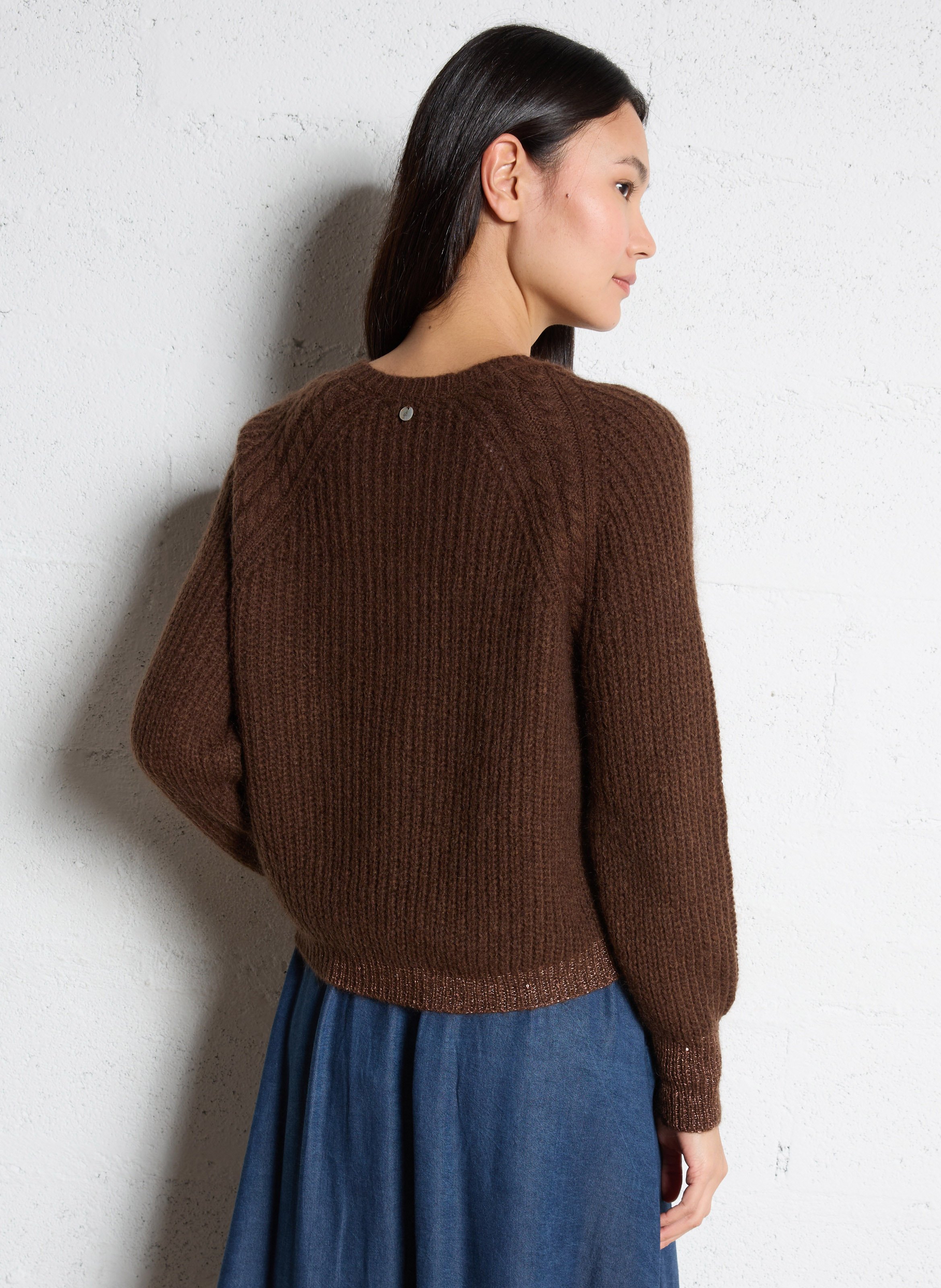 Straight knit cardigan with a shawl collar ONE STEP Brown