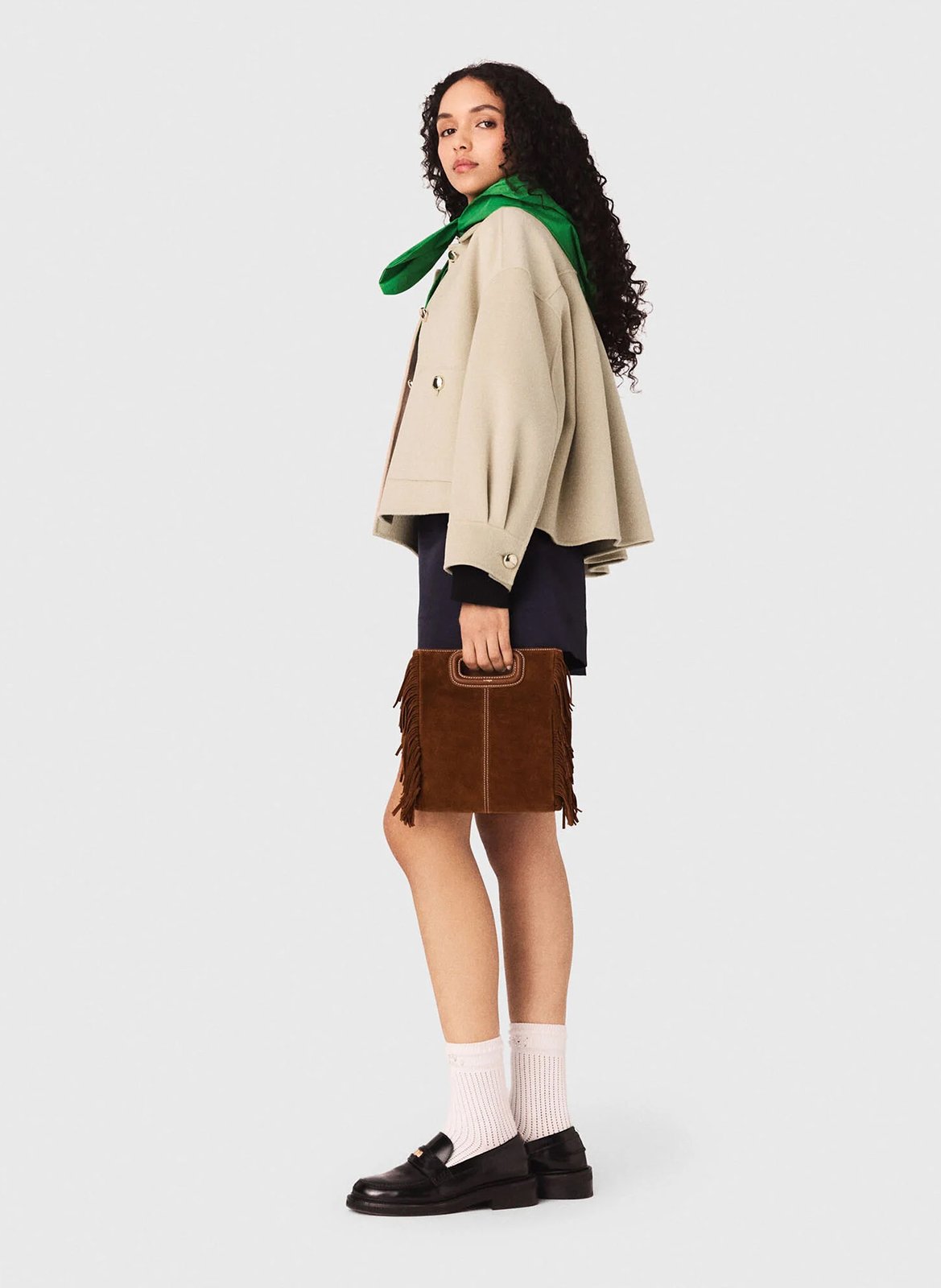 Suède schoudertas met franjes MAJE Bruin