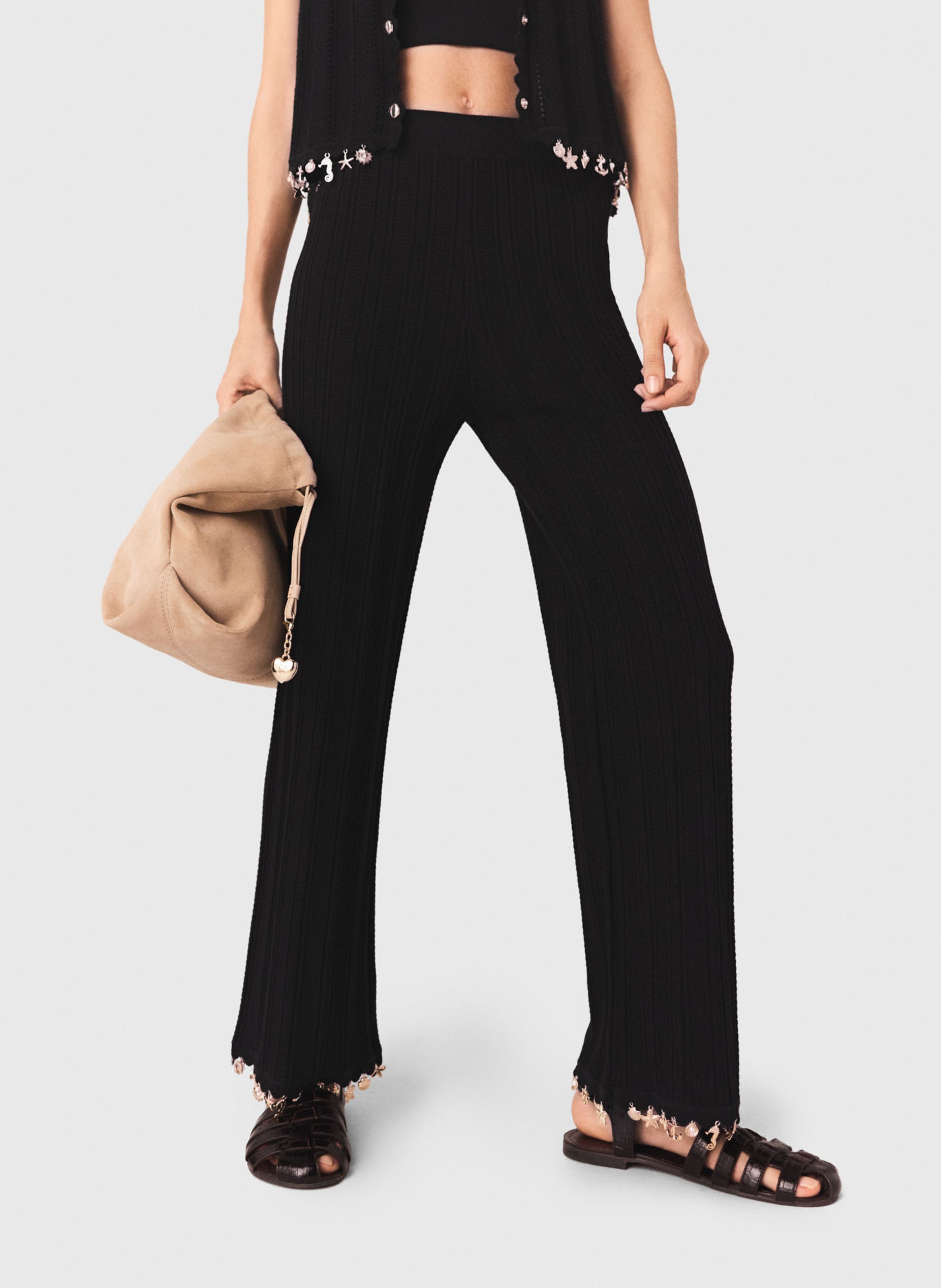 Wijde broek met ribtextuur | katoenblend MAJE Zwart