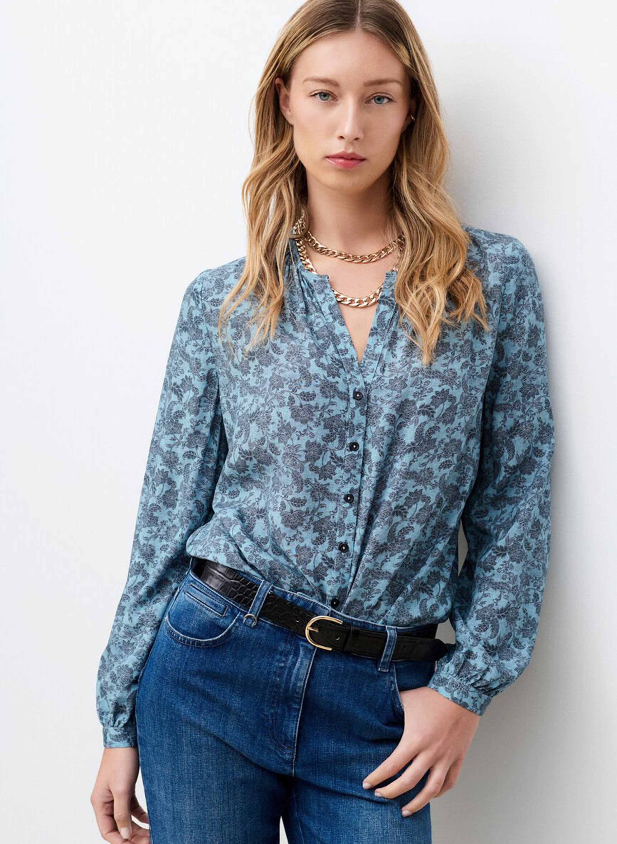 Chemise droite col V imprimée CAROLL Bleu