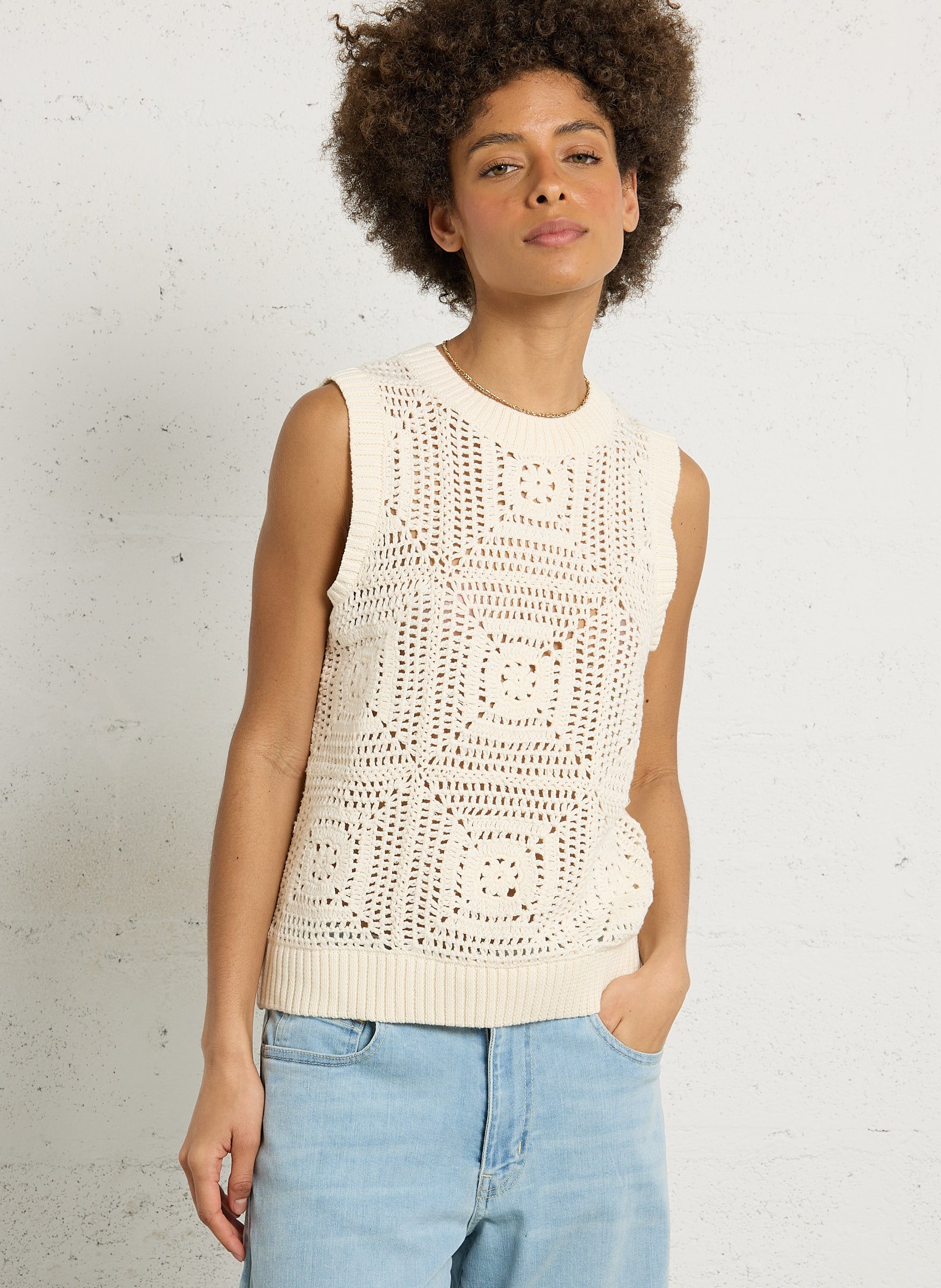 Pull sans manches en maille ajourée SUD EXPRESS Beige