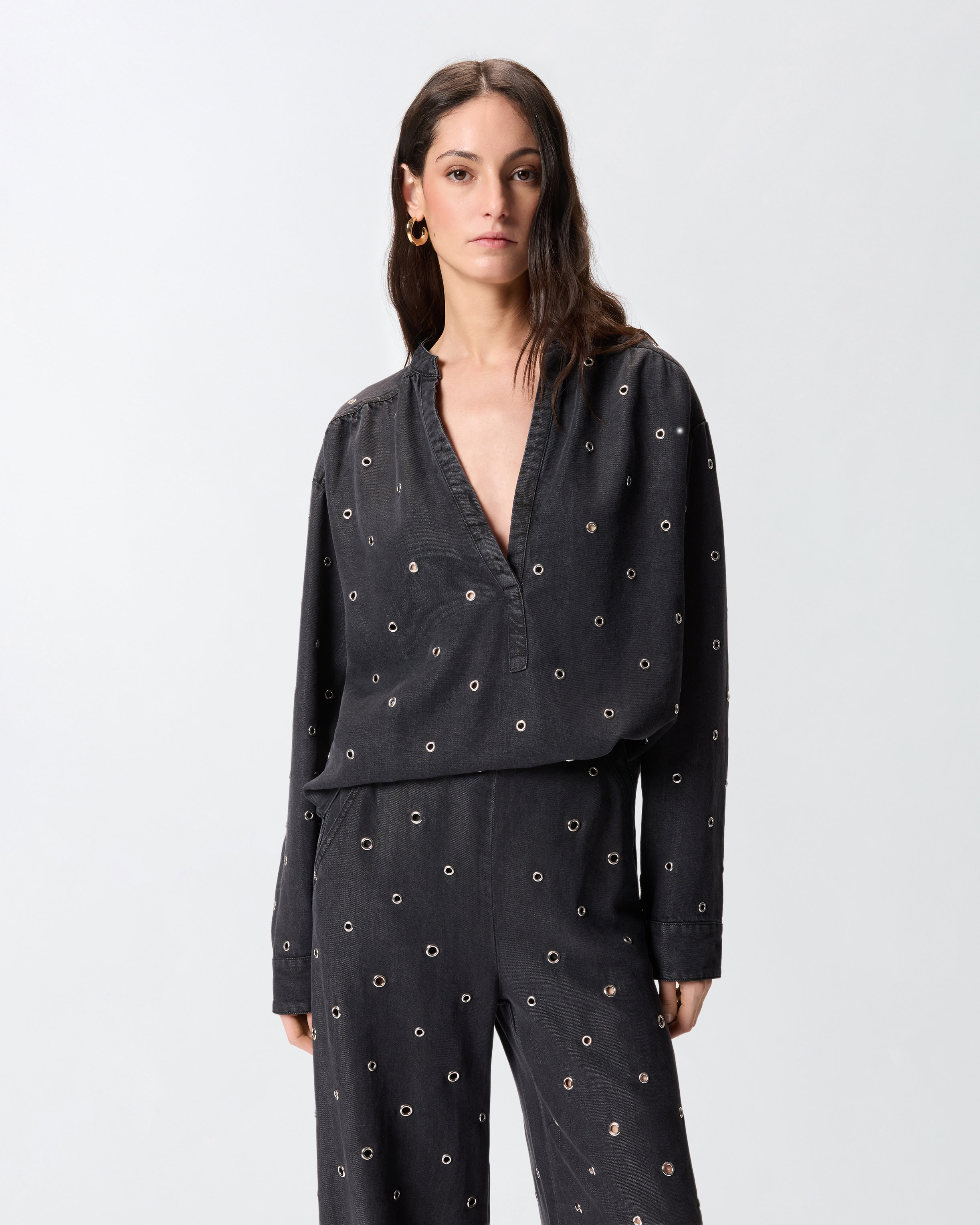 Blouse en denim foncé à œillets PINKO Noir