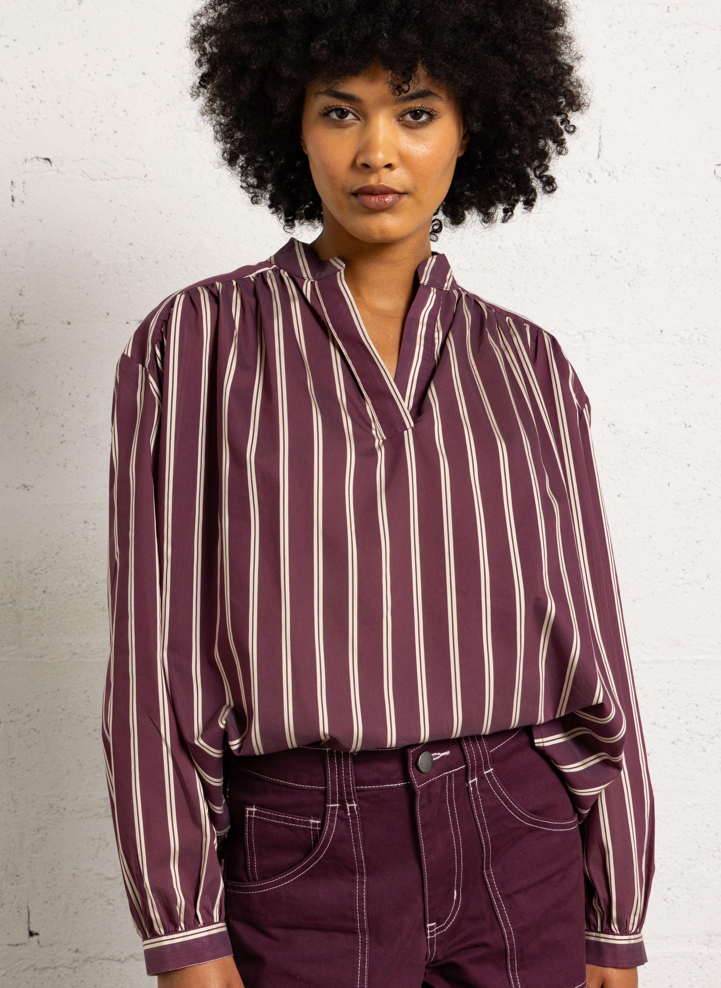 Blouse ample col tunisien rayée SUNCOO Prune